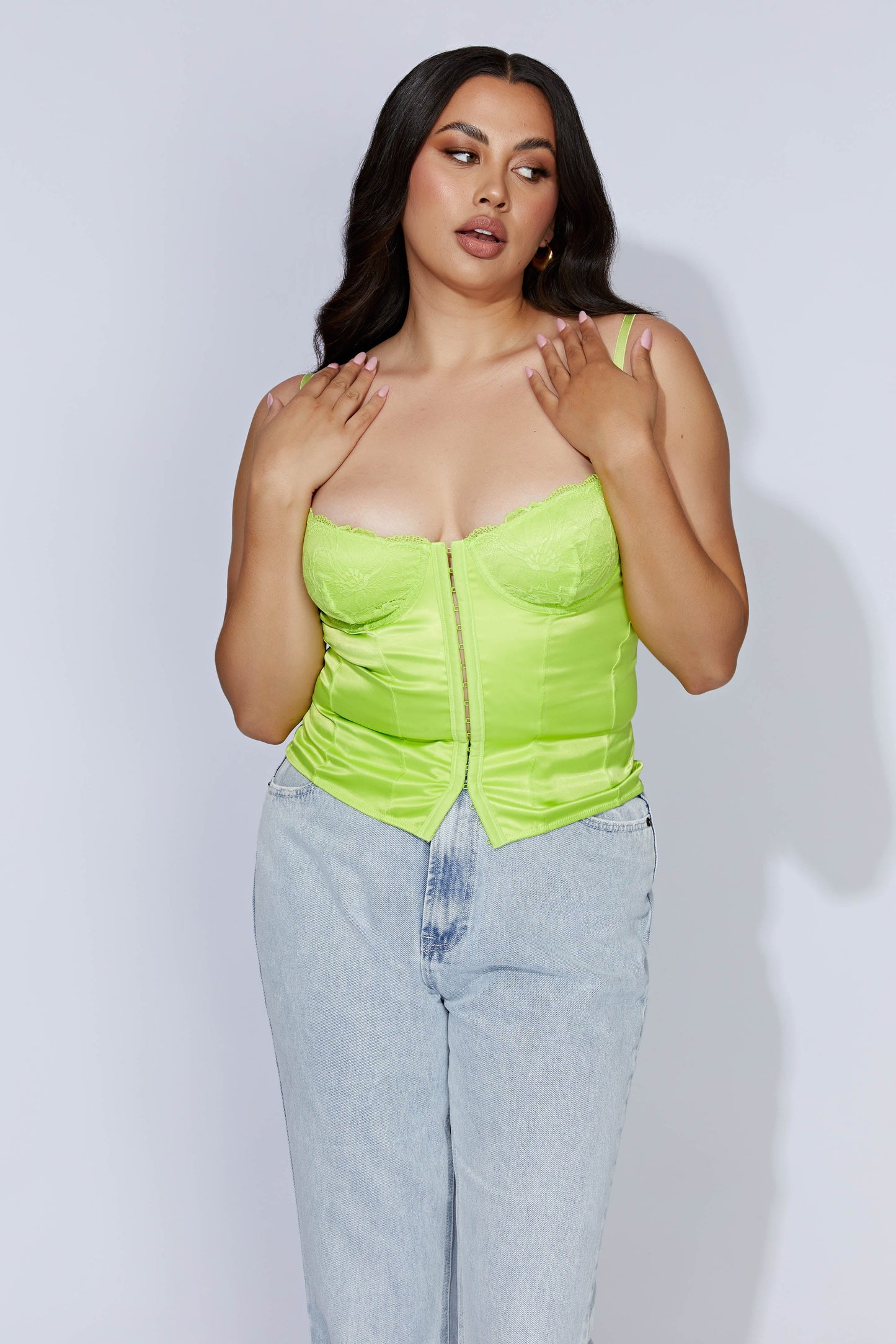 Claudia Lace Satin Bustier Corset - Lime Green