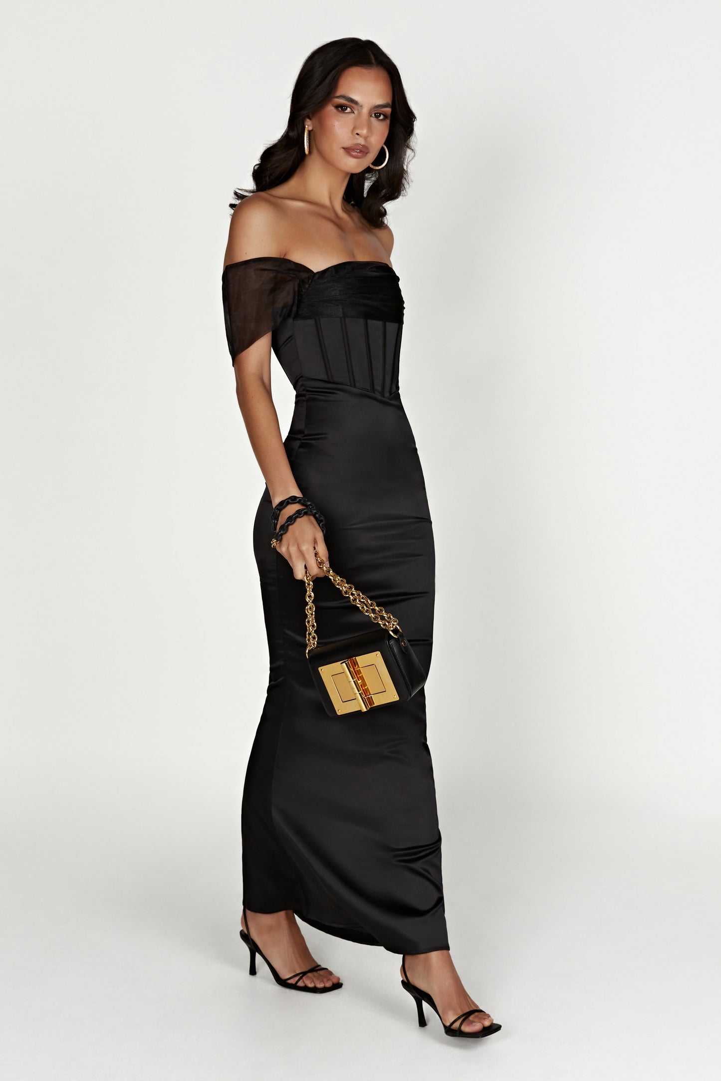 Everly Off Shoulder Organza Satin Maxi Dress - Black