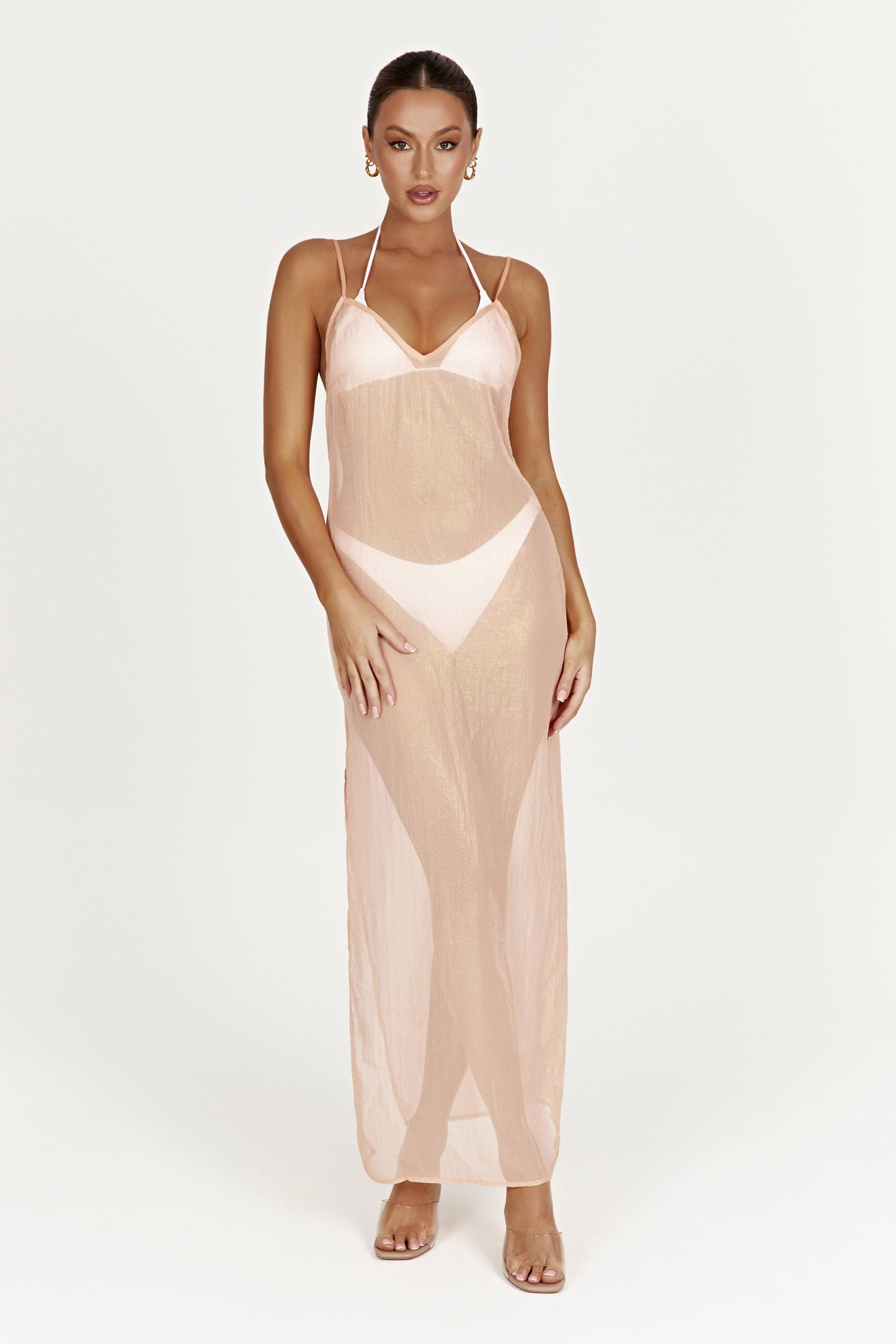 Phoebe Sheer Iridescent Maxi Dress - Peach