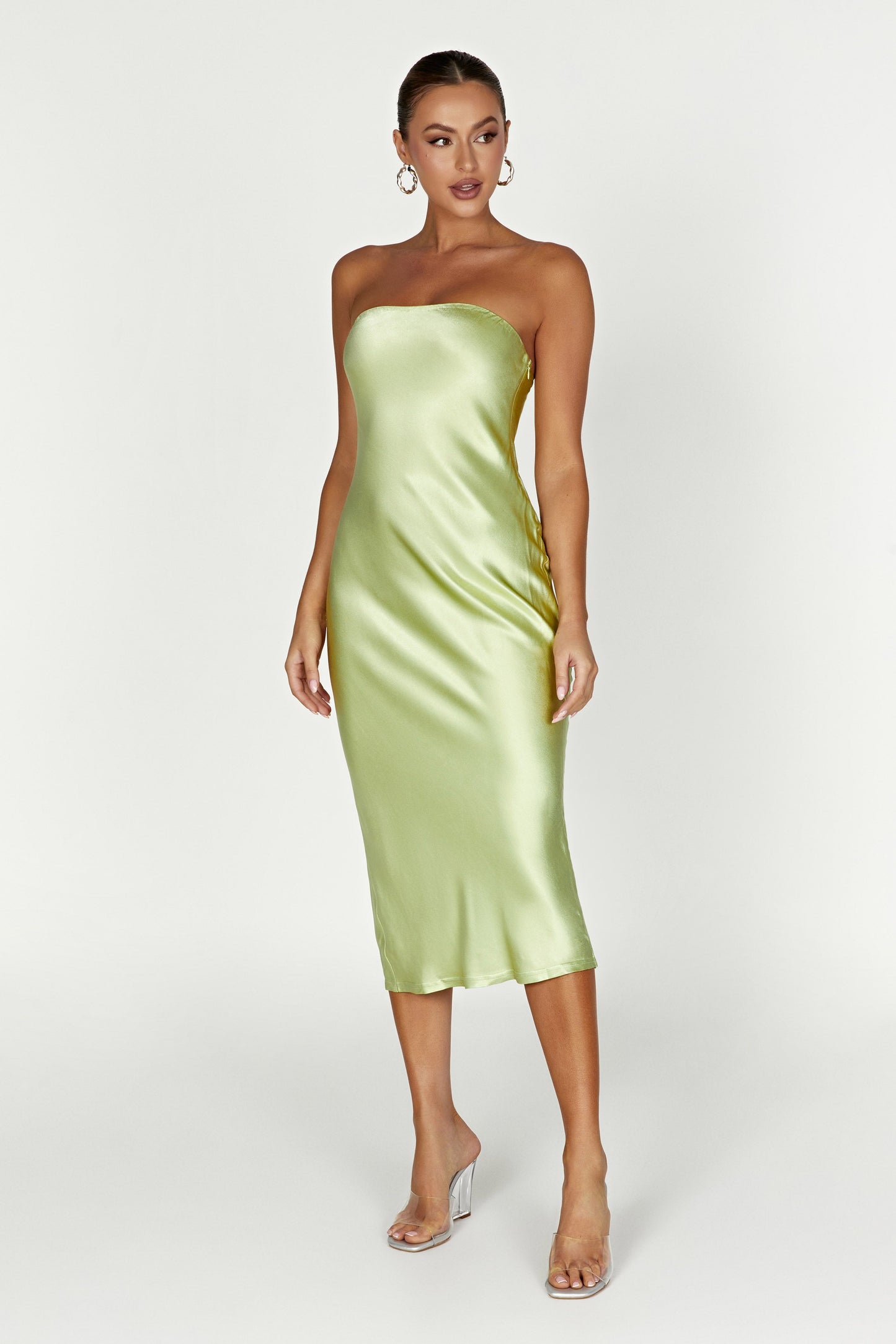 Tyler Strapless Satin Midi Dress - Pistachio Green