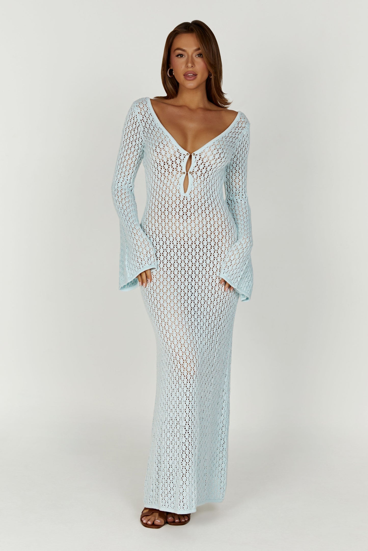 Kayleigh Crochet Fishtail Flare Sleeve Maxi Dress - Arctic Blue