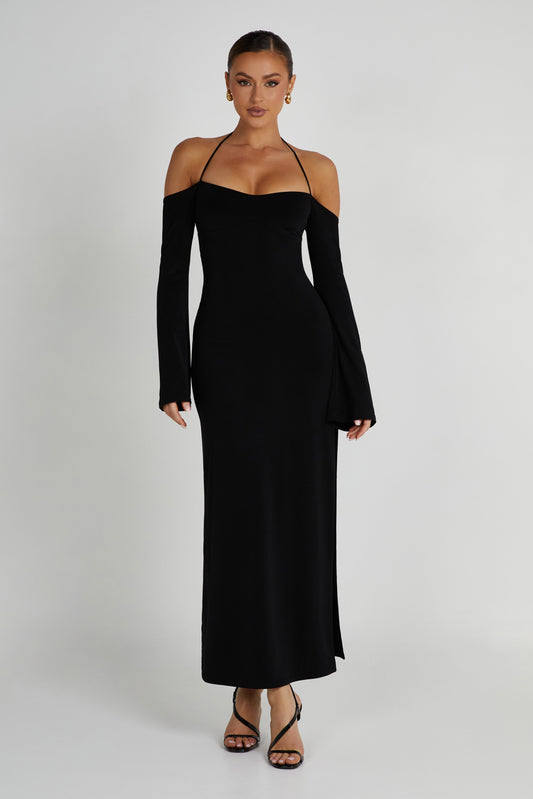 Tia Slinky Off Shoulder Maxi Dress - Black