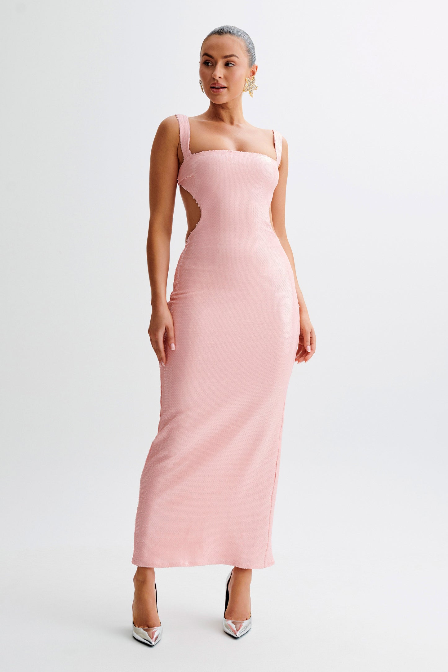 Adoria Sequin Cut Out Maxi Dress - Pale Pink