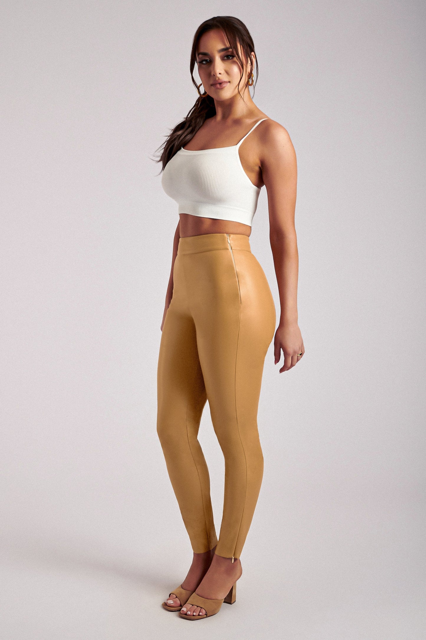 Shayla Skinny Faux Leather Split Pant - Tan