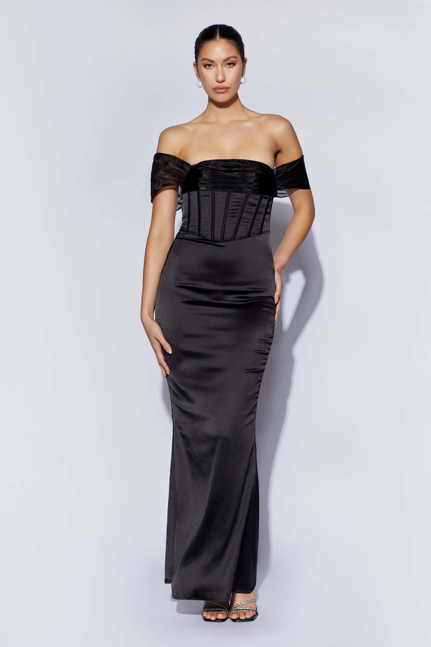 Everly Off Shoulder Organza Satin Maxi Dress - Black