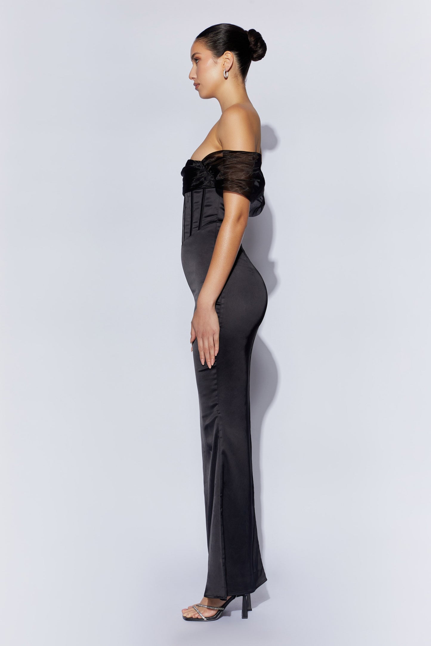 Everly Off Shoulder Organza Satin Maxi Dress - Black