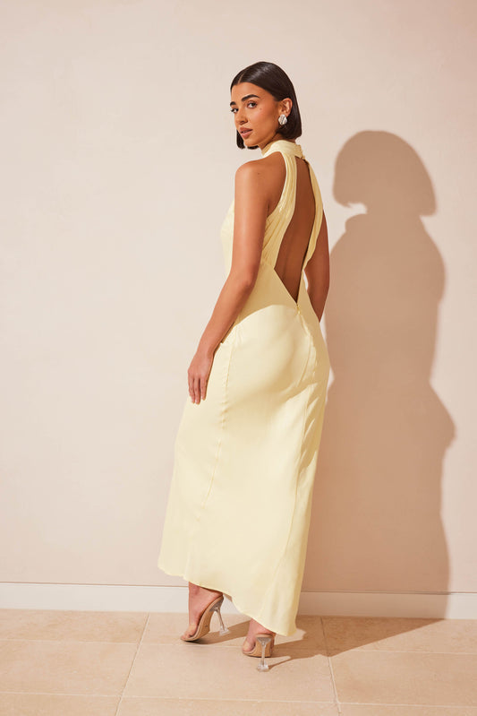 Claire Matte Satin Drape Back Maxi Dress - Light Yellow