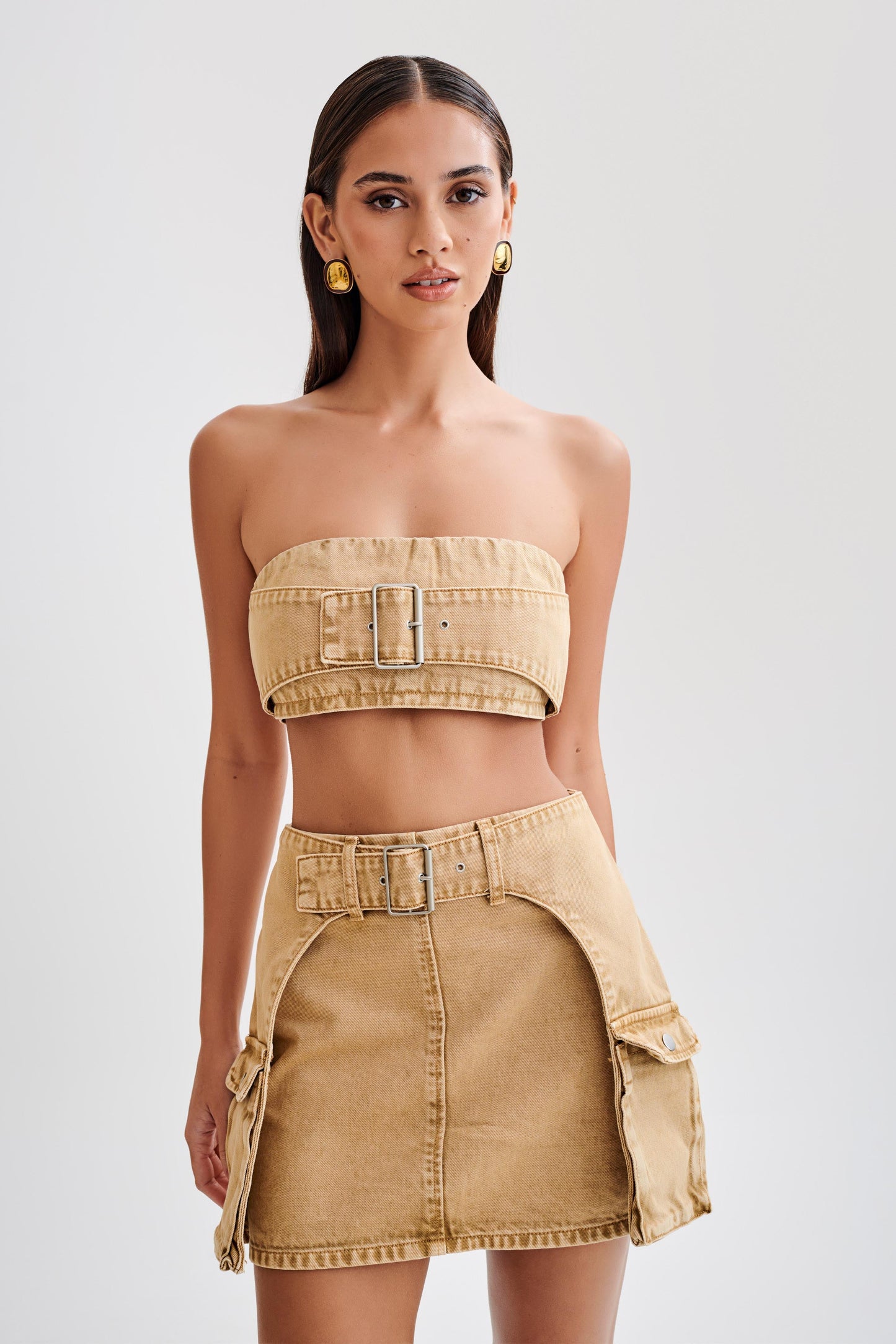 Rowena Denim Buckle Bandeau - Tan Acid Wash