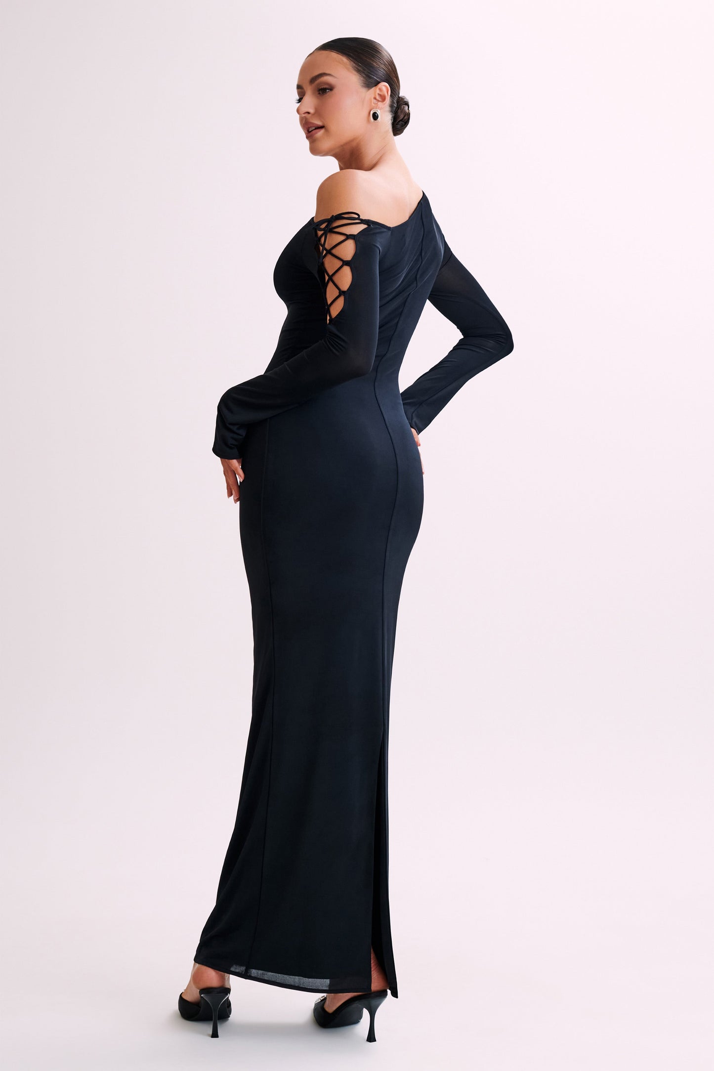 Gabby Tie Sleeve Slinky Maxi Dress - Black