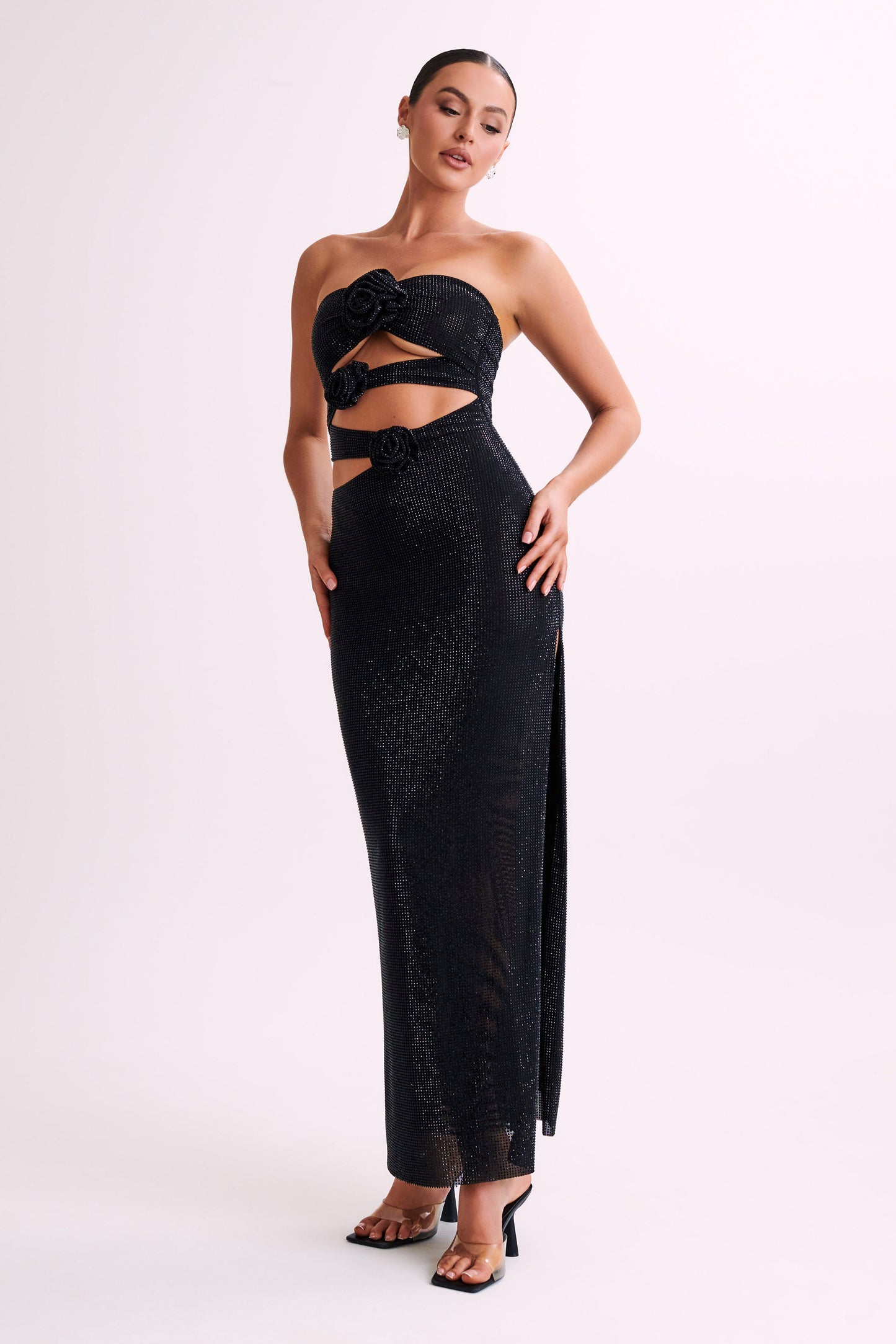 Stassie Strapless Rose Diamante Maxi Dress - Black