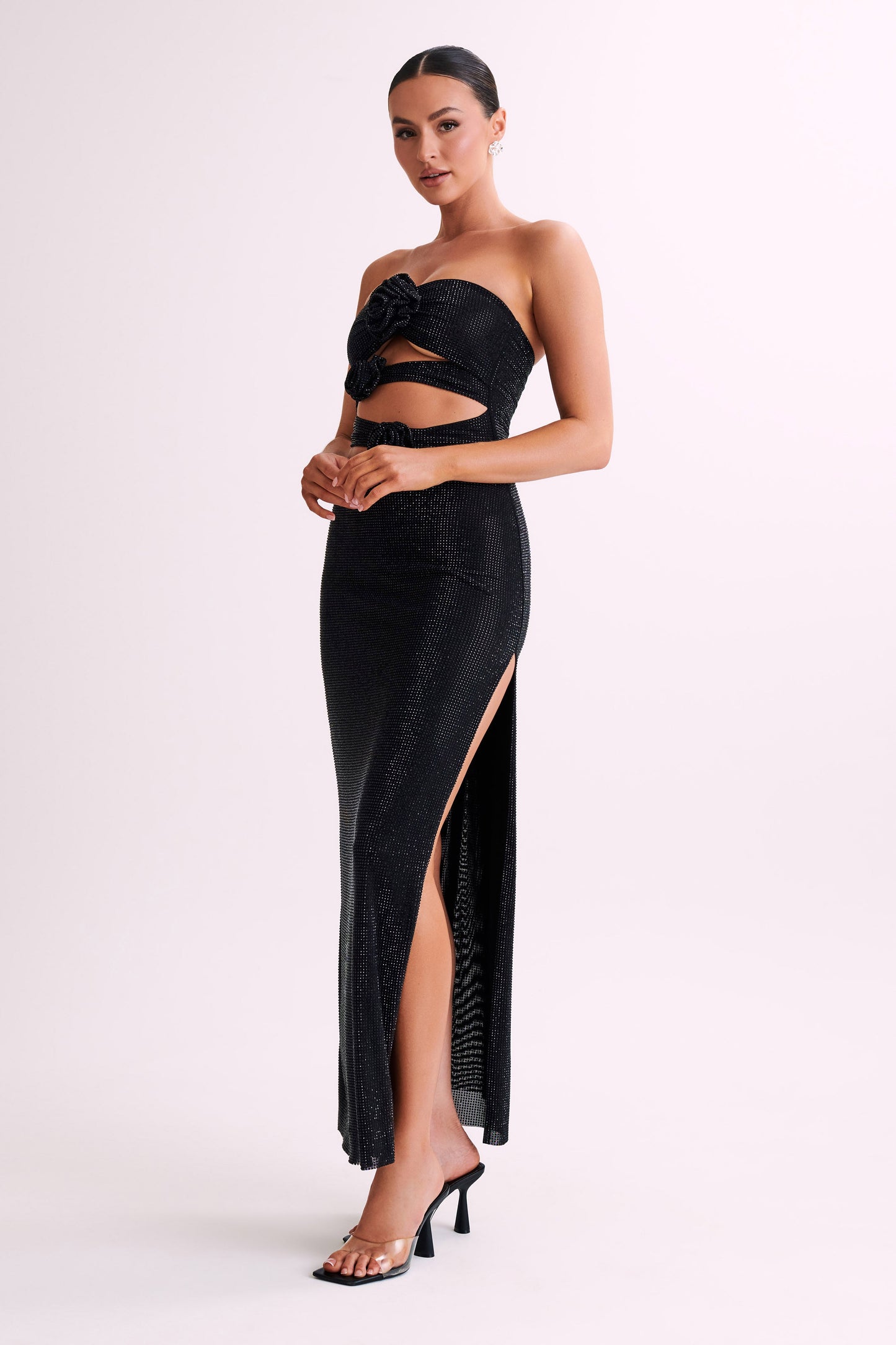 Stassie Strapless Rose Diamante Maxi Dress - Black