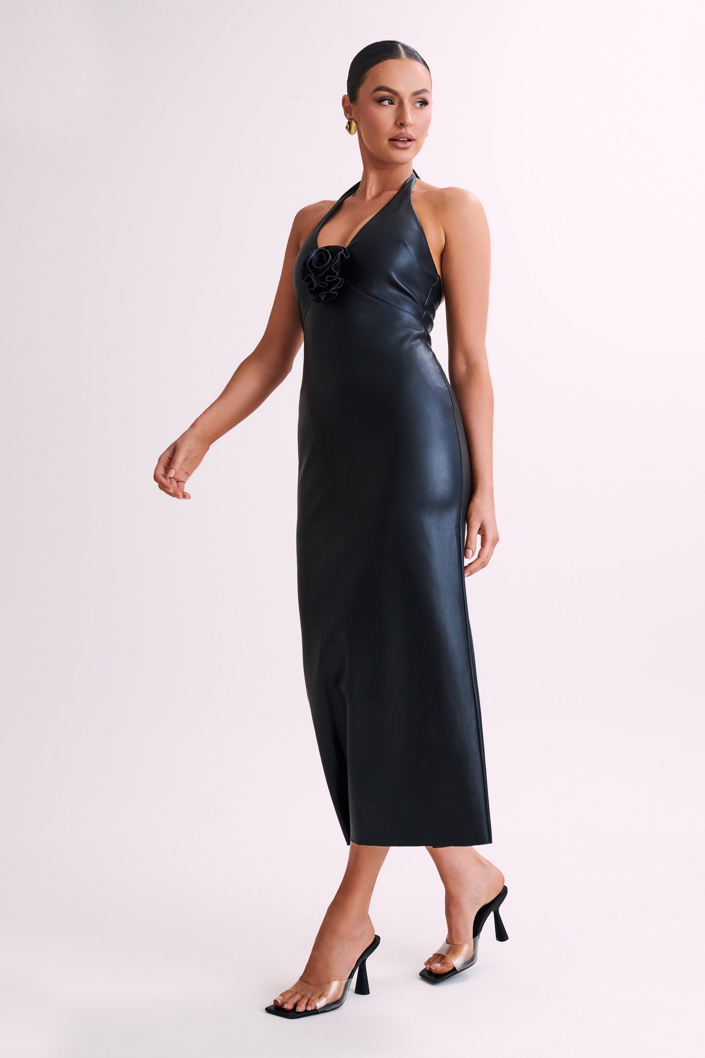 Dori Faux Leather Rose Midi Dress - Black