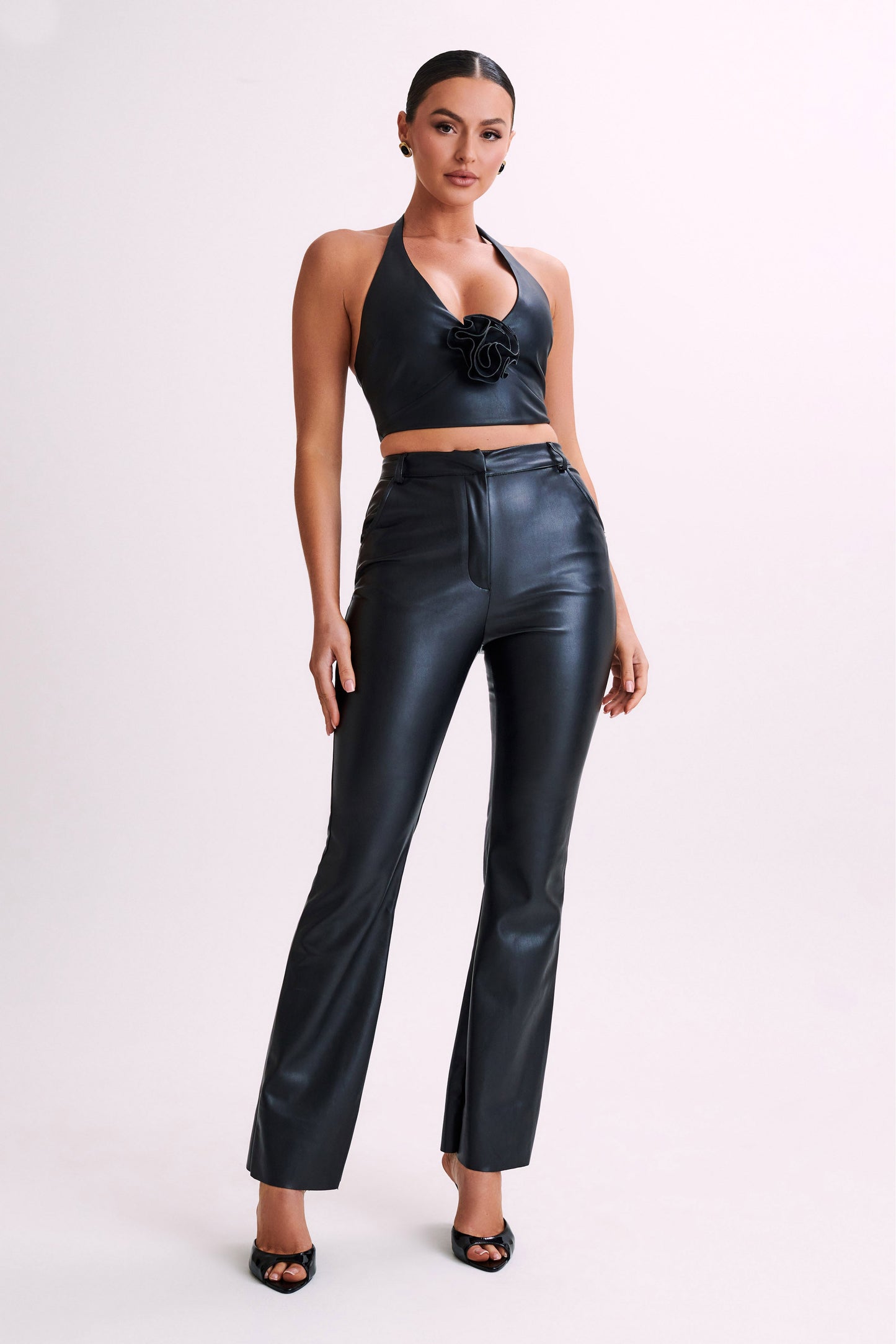 Ursla Faux Leather Rose Halter Top - Black