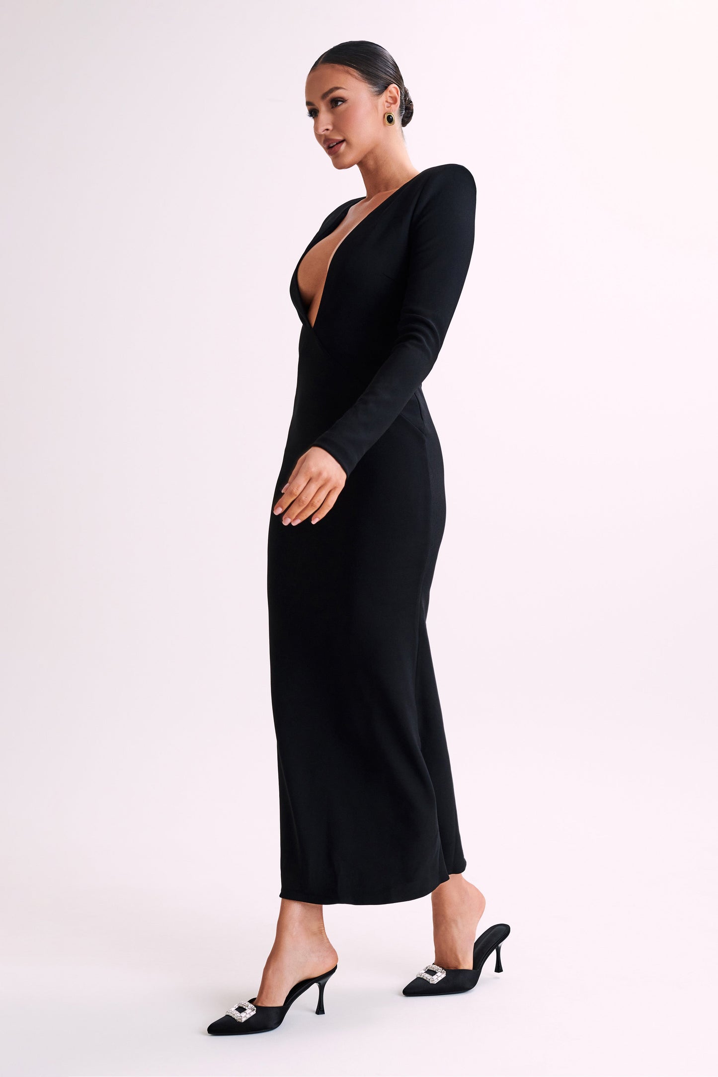 Michaela Long Sleeve Maxi Dress With Shoulder Pads - Black