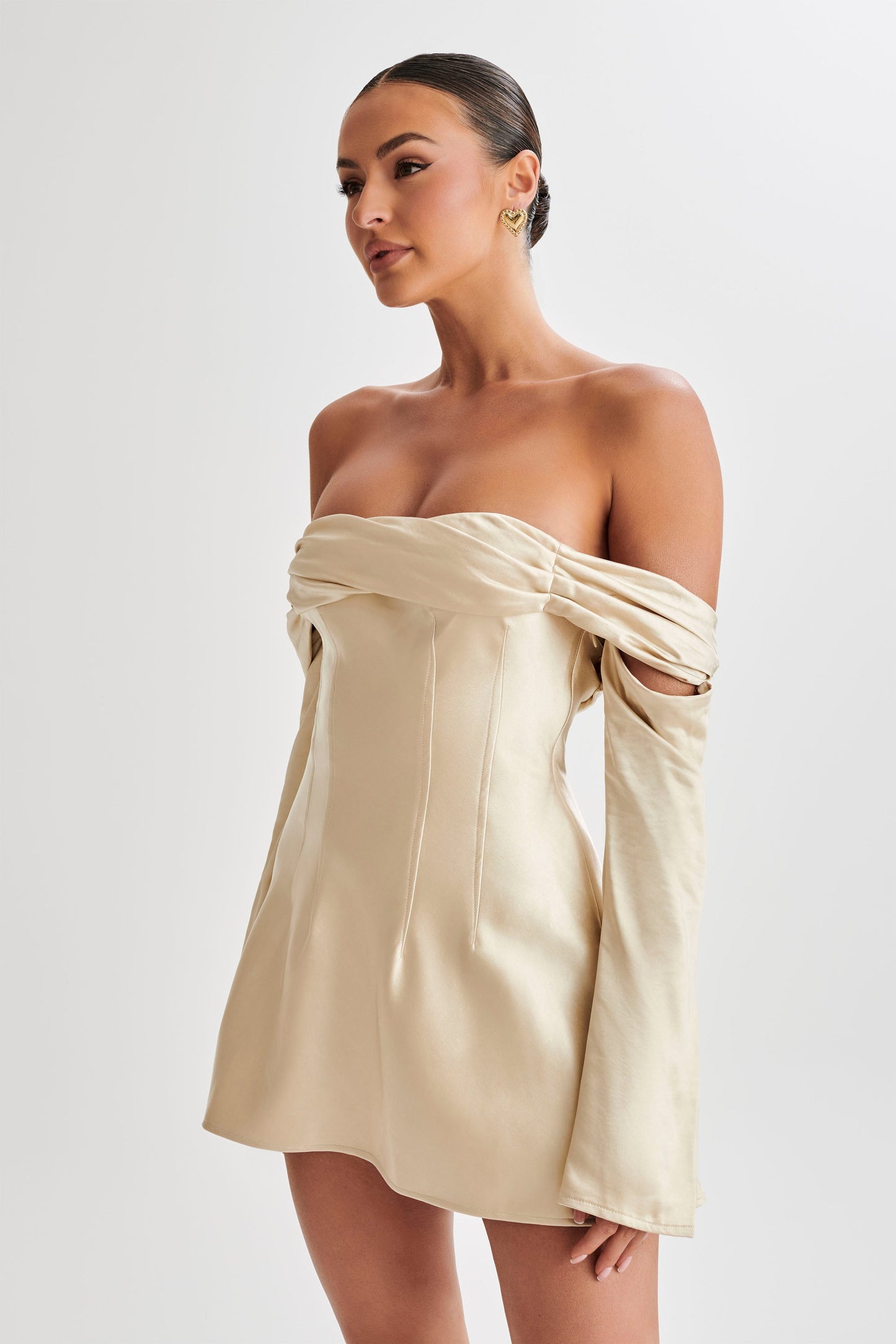 Giselle Off Shoulder Satin Mini Dress - Gold