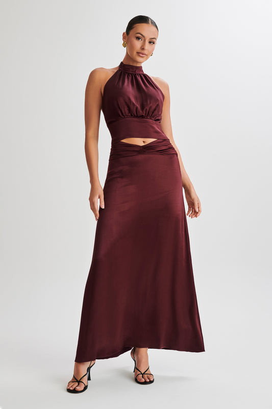 Clara Satin Ruched Maxi Skirt - Plum