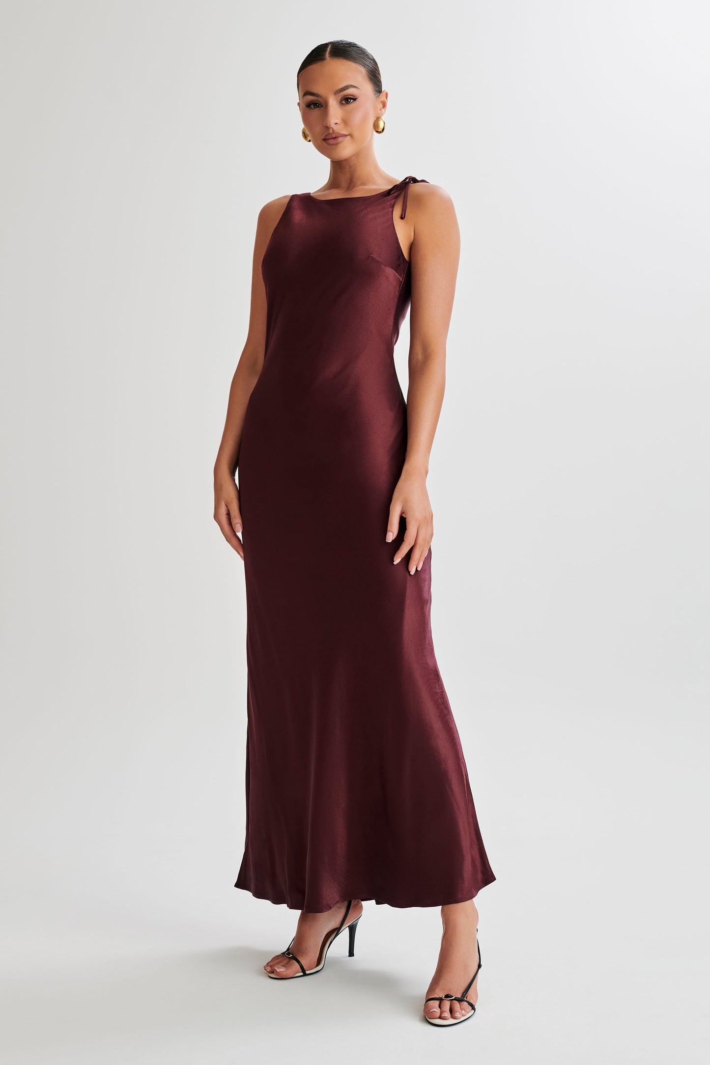 Annalise Satin Maxi Dress With Tie - Plum