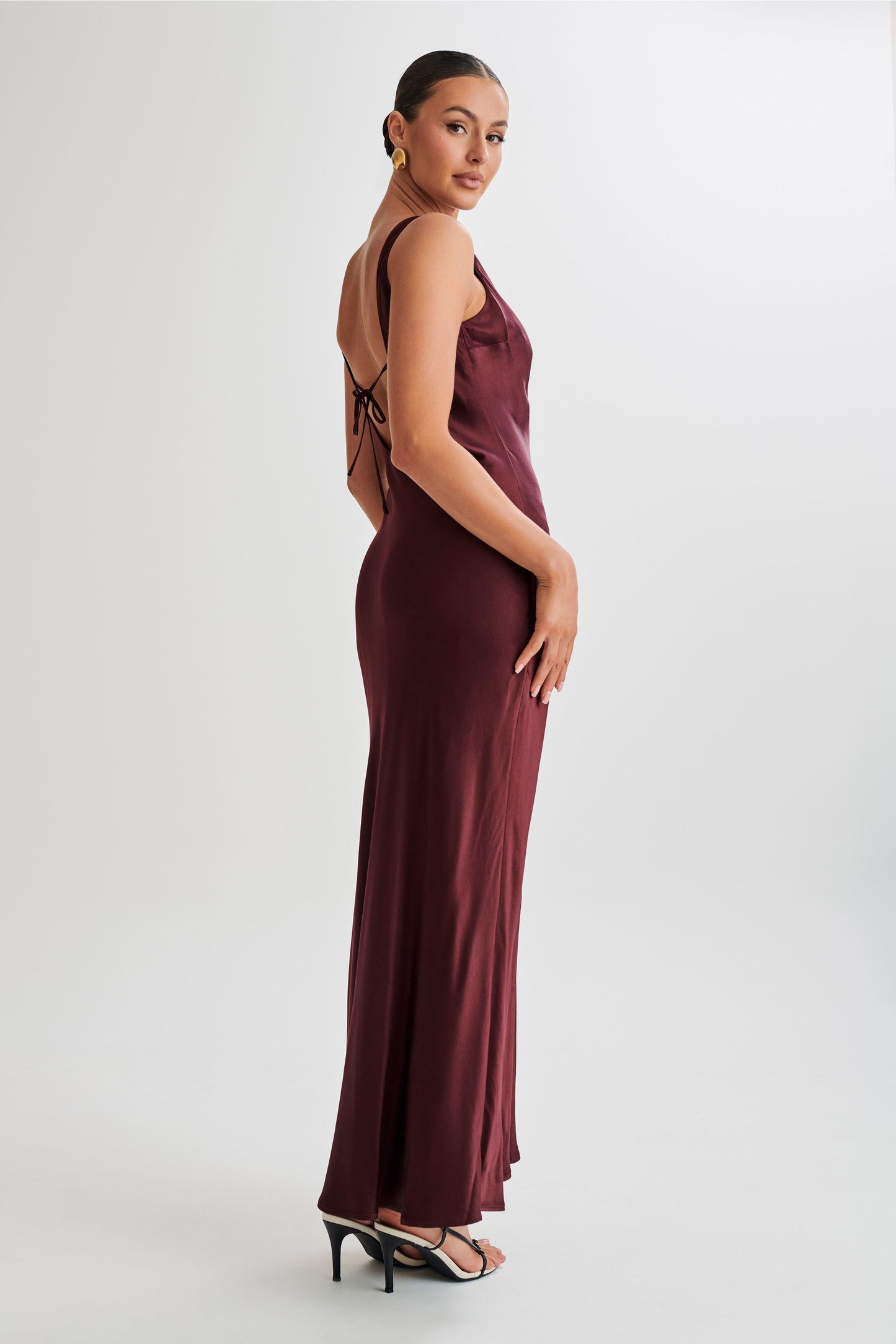 Annalise Satin Maxi Dress With Tie - Plum