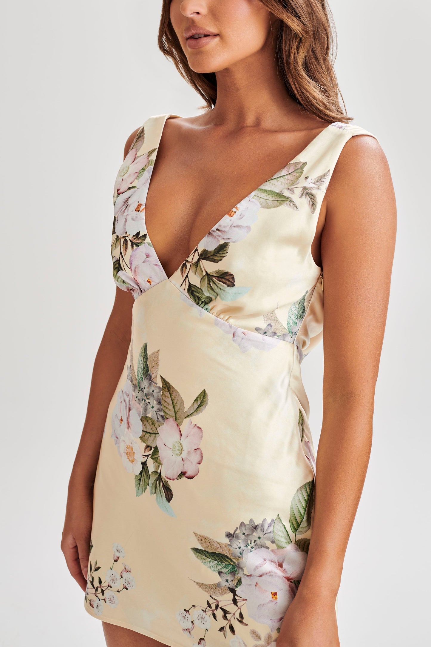 Nadia Satin Mini Dress With Cowl Back - Lemon Floral Print