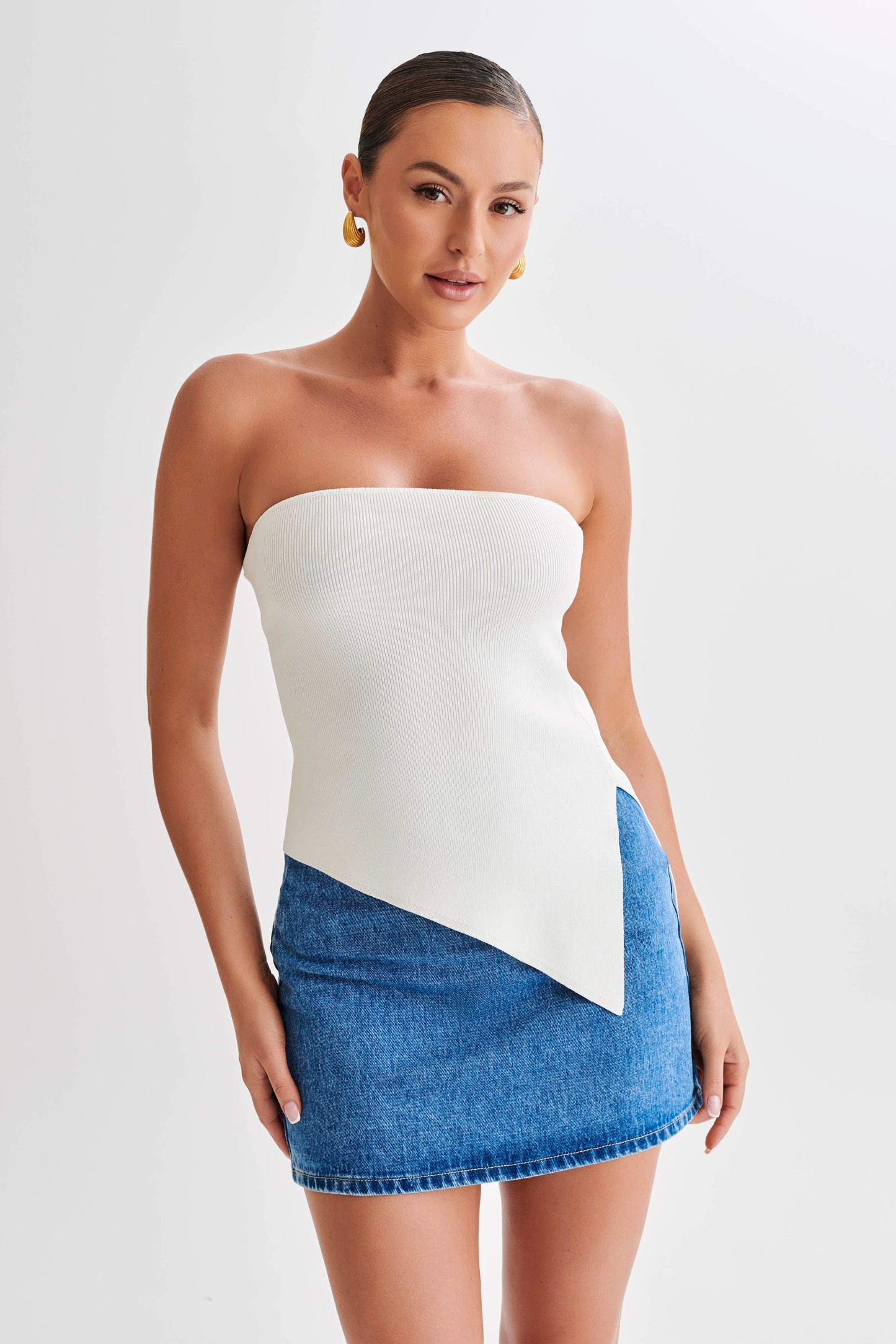 Sidney Asymmetrical Strapless Knit Top - White