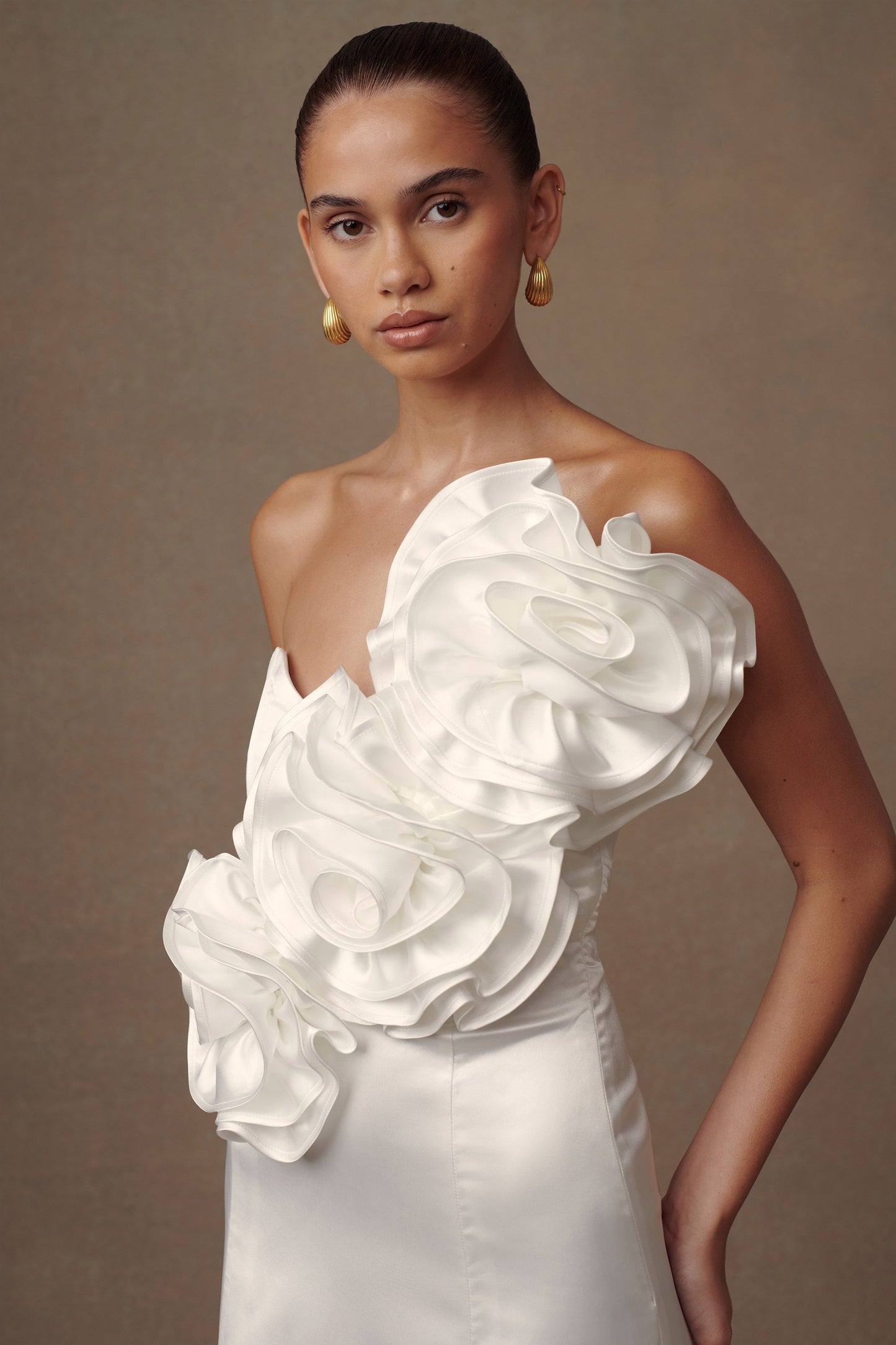 Olivia Strapless Satin Rose Wedding Gown - White