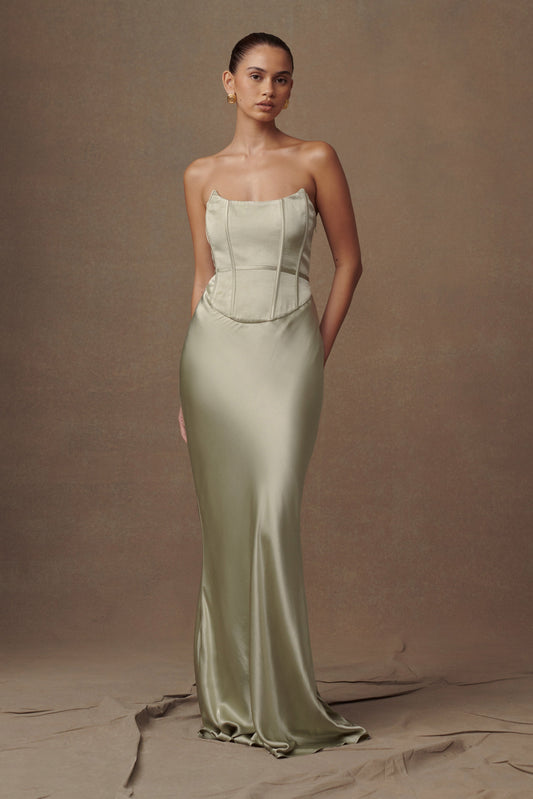 Harlow Satin Strapless Maxi Dress - Sage