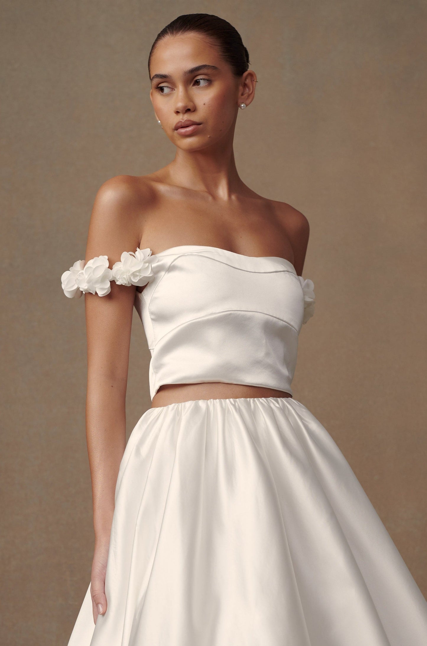 Karrie Cropped Satin Rose Bodice - White