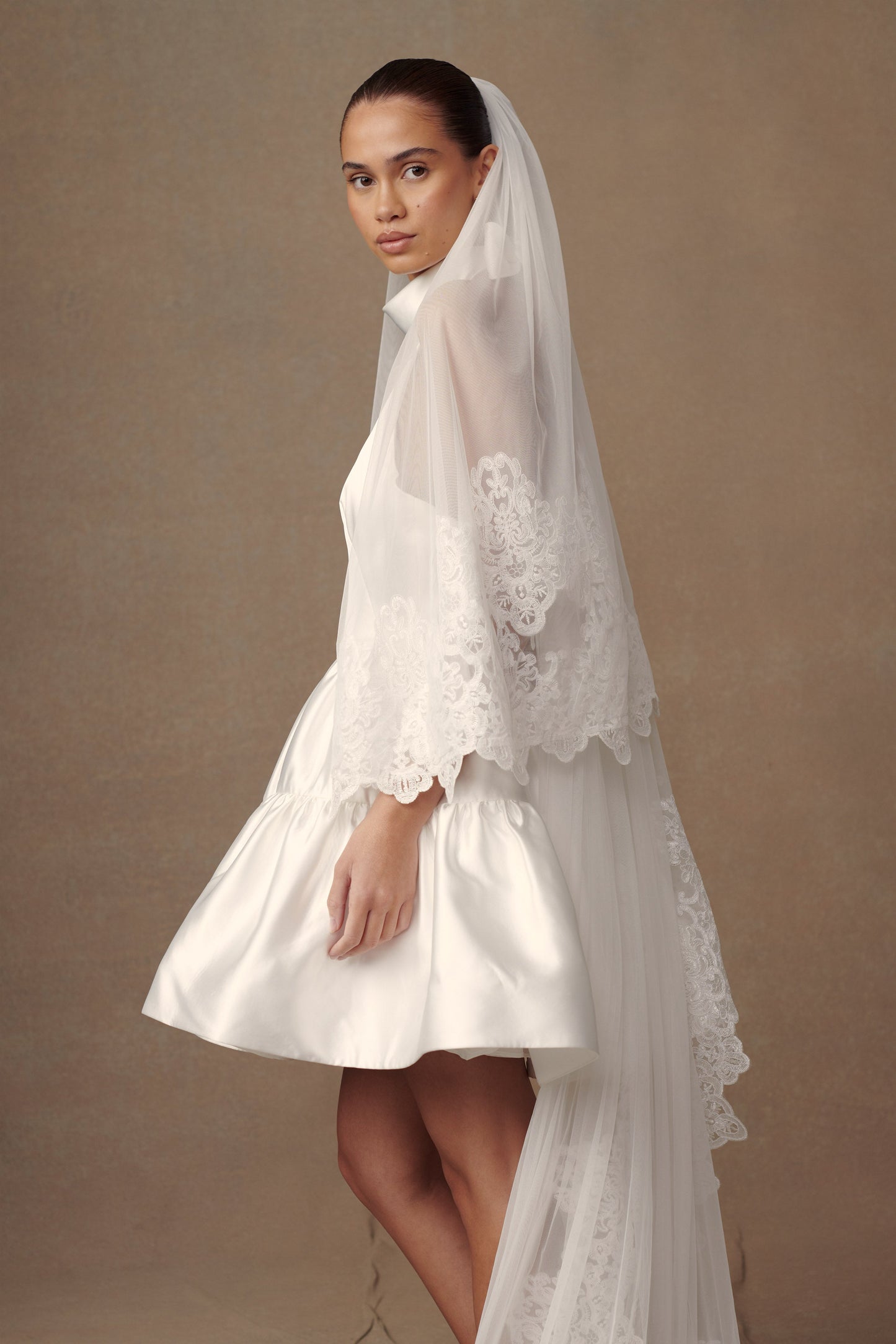 Paulette Lace Trim Veil - White