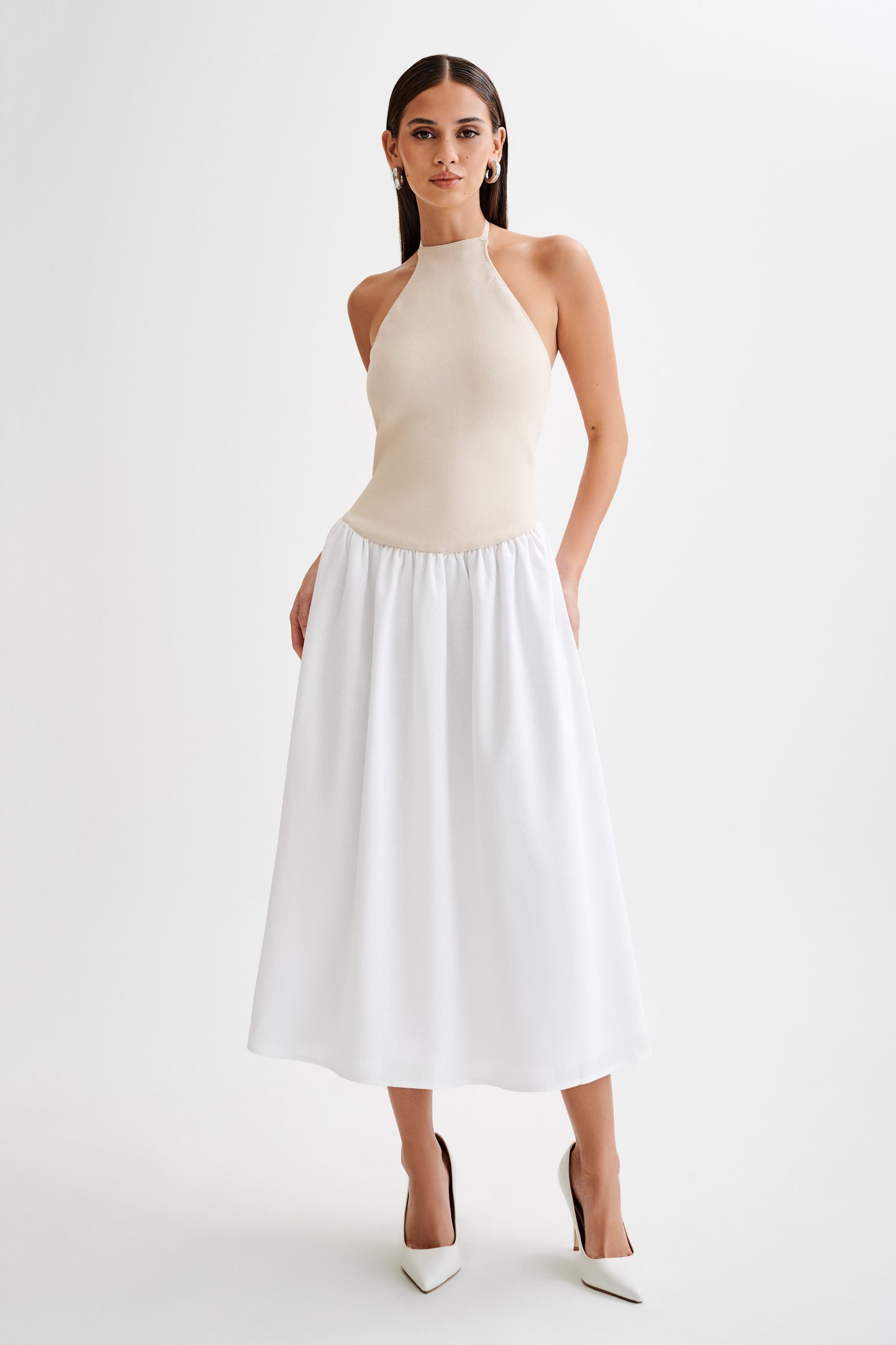 Katie Knit And Linen Midi Dress - Natural/White