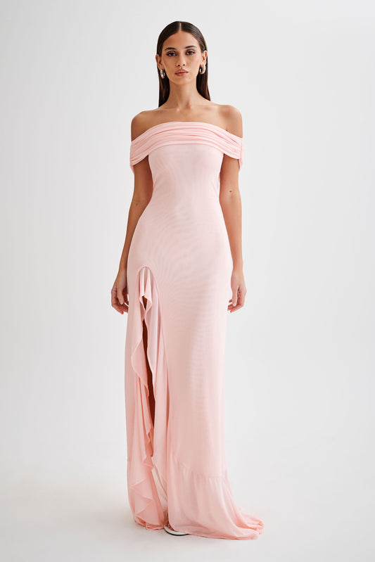 Audrey Off Shoulder Mesh Maxi Dress - Pale Pink