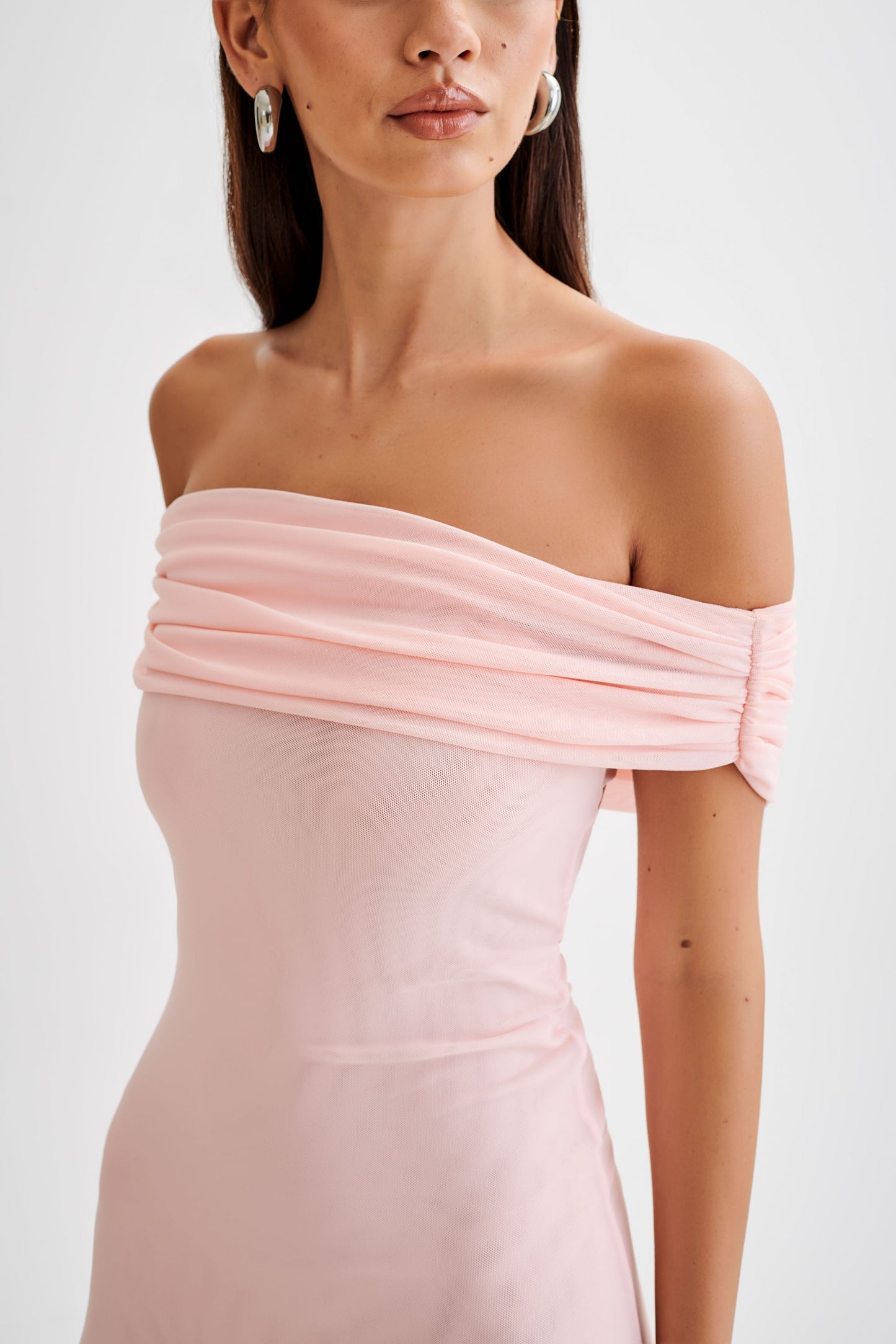 Audrey Off Shoulder Mesh Maxi Dress - Pale Pink