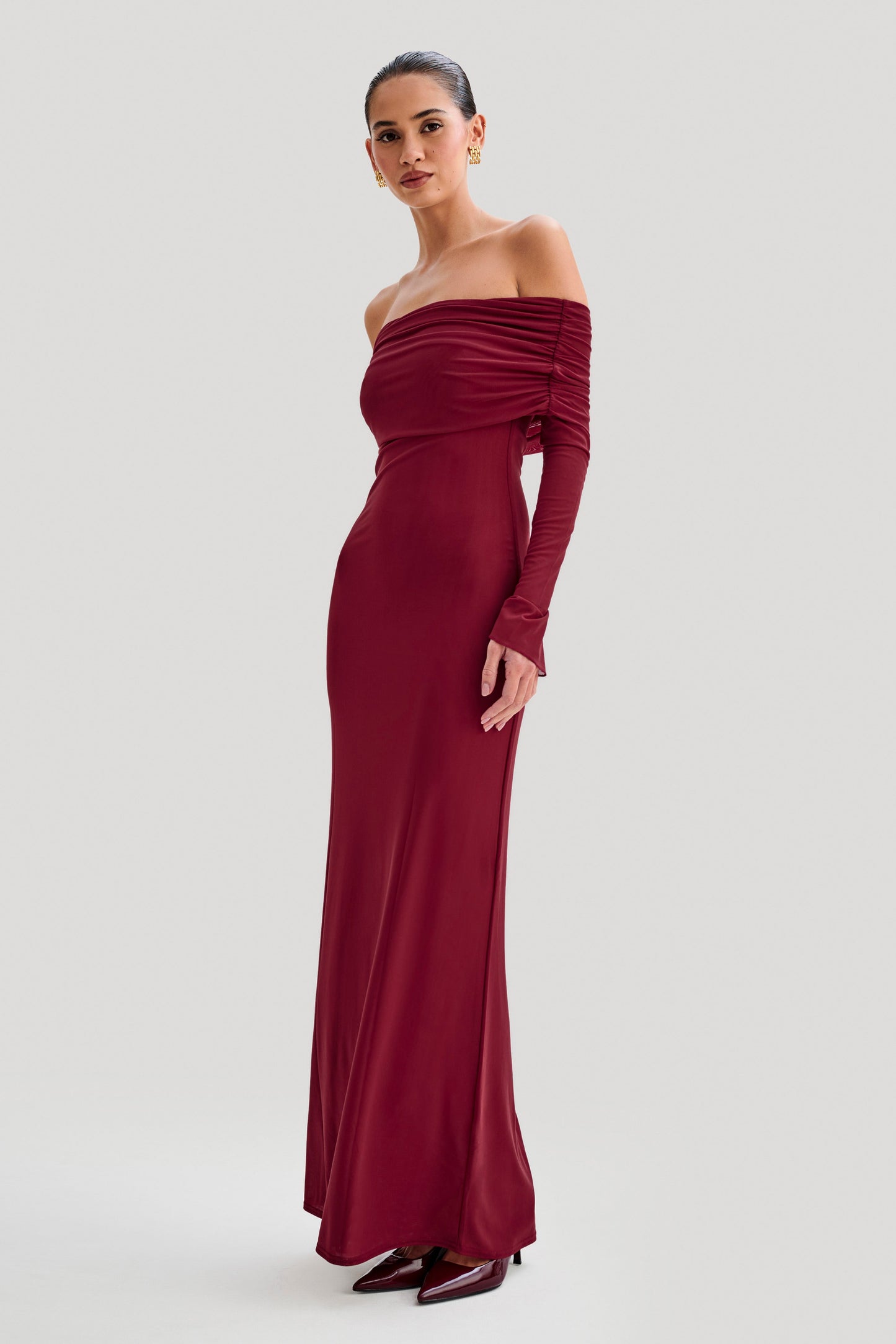 Josie Off Shoulder Mesh Maxi Dress - Wine