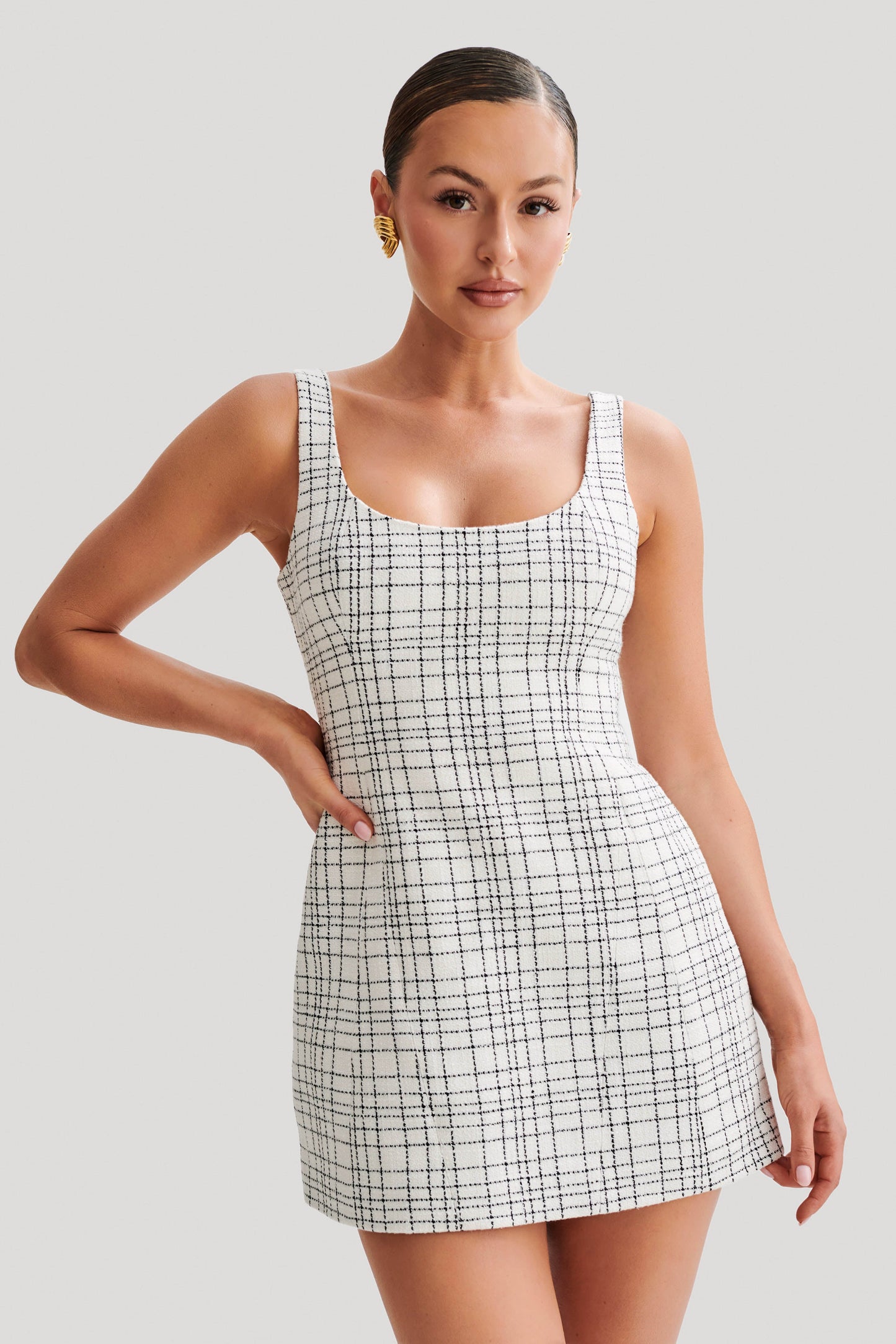 Beth Tweed Mini Dress - White Check