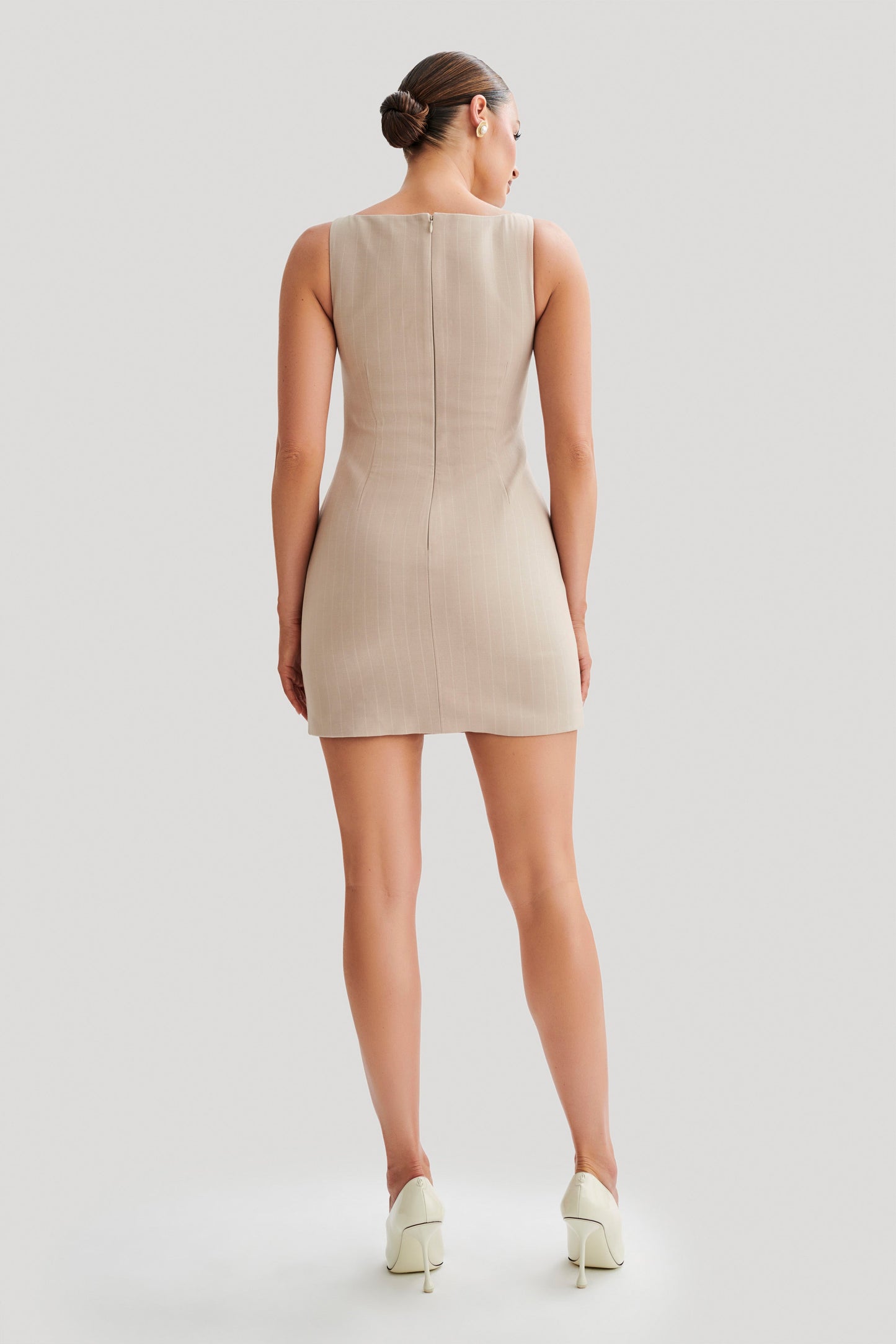 Angela Suiting Mini Dress - Taupe Pinstripe