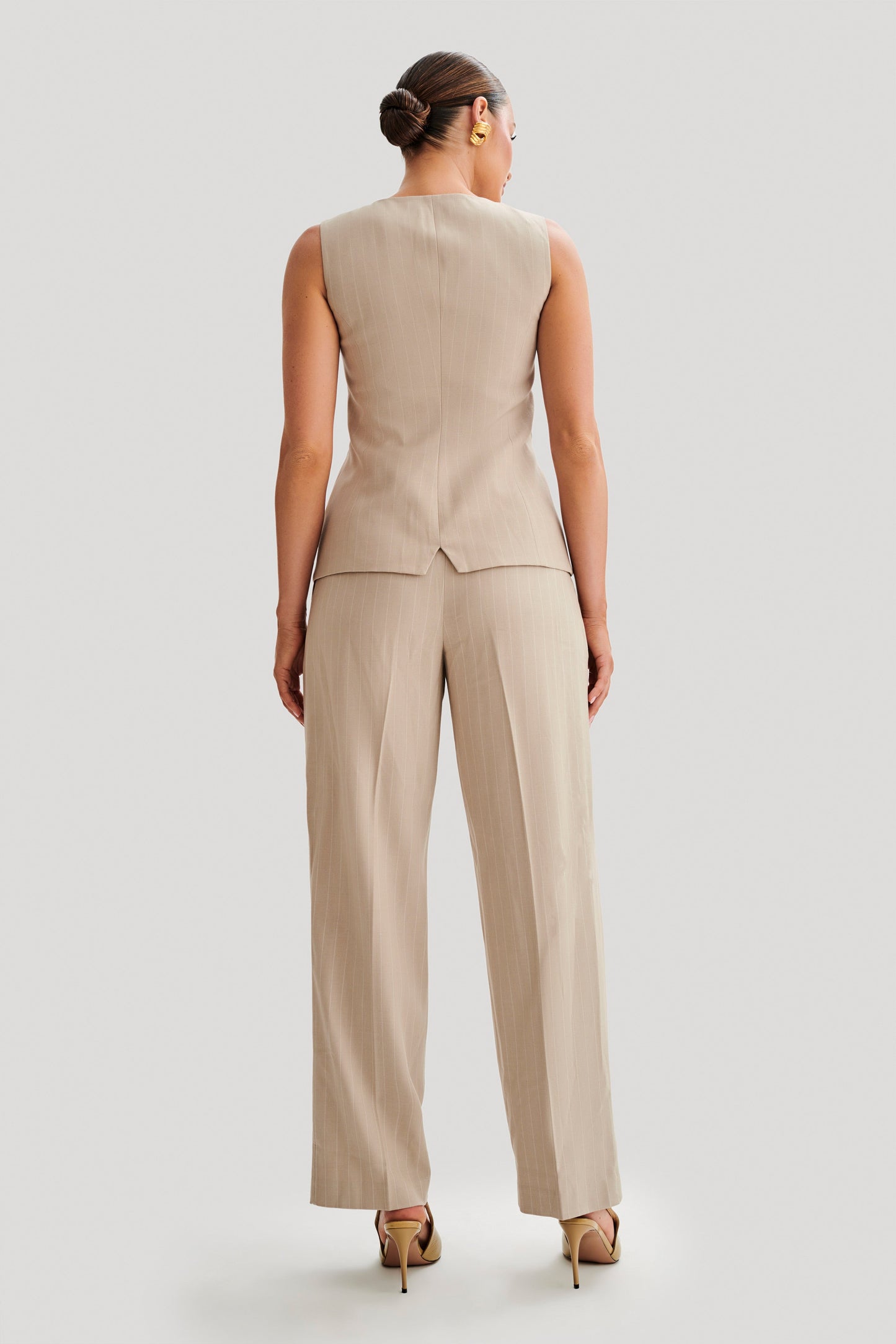 Amelie Suiting Straight Leg Pants - Taupe Pinstripe