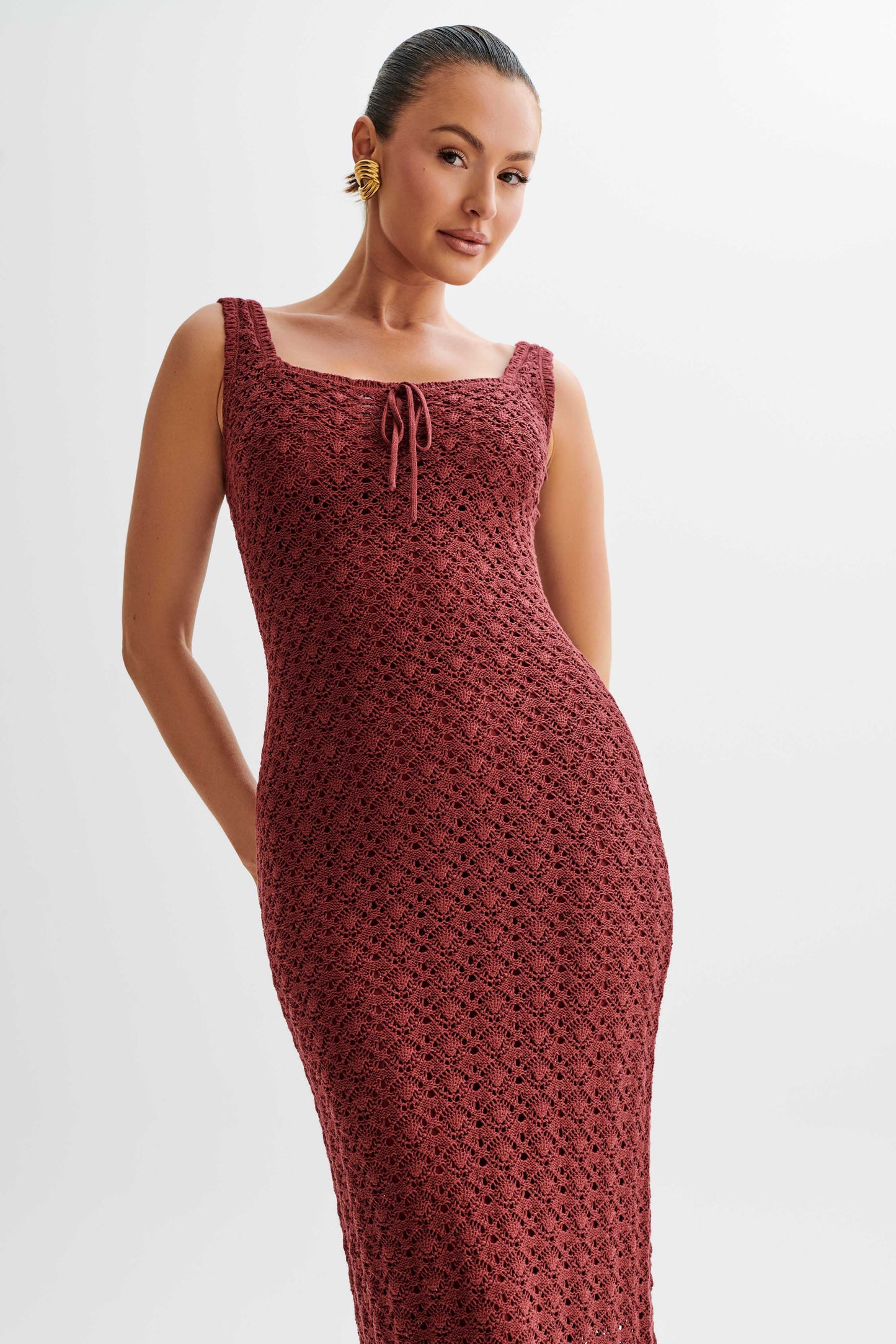 Sylvie Frill Knit Midi Dresses - Wine