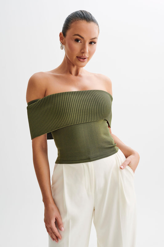 Susanna Off Shoulder Knit Top - Military Olive