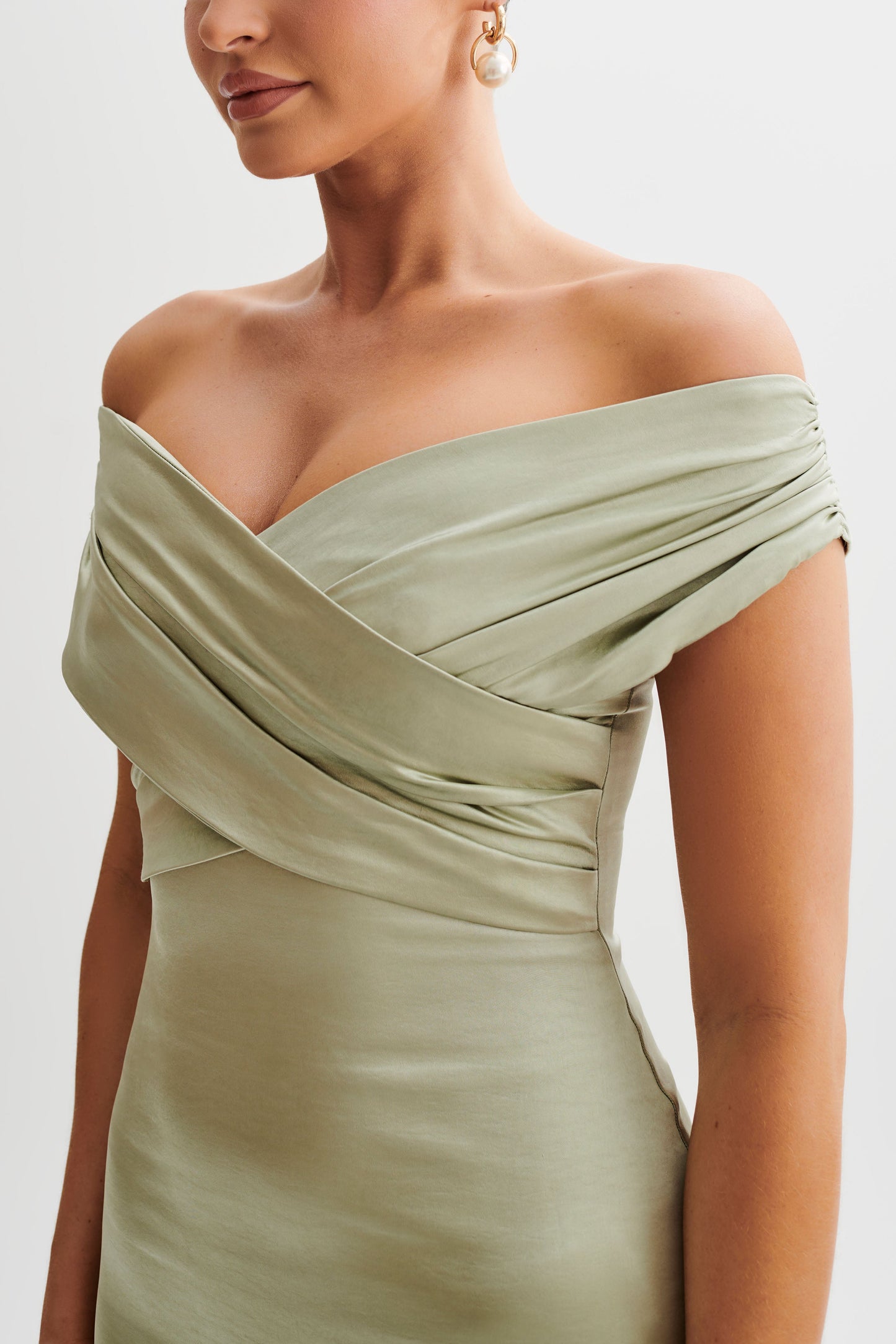 Harley Off Shoulder Satin Maxi Dress - Sage