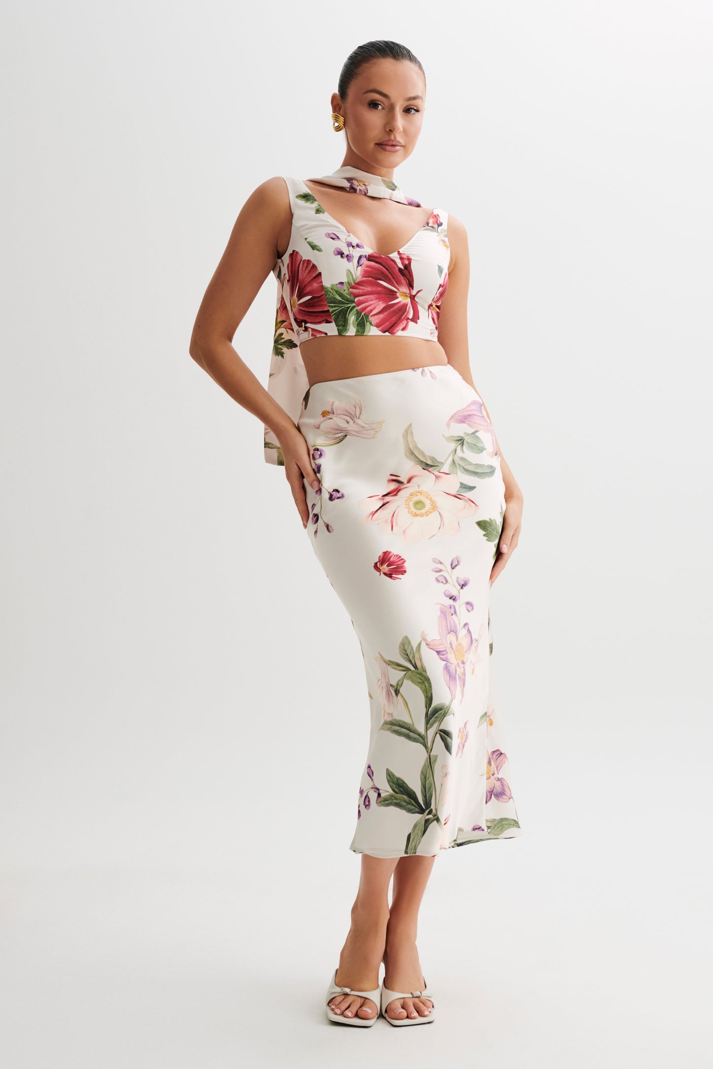 Carla Satin Sleeveless Top With Scarf - Bella Rosa Print