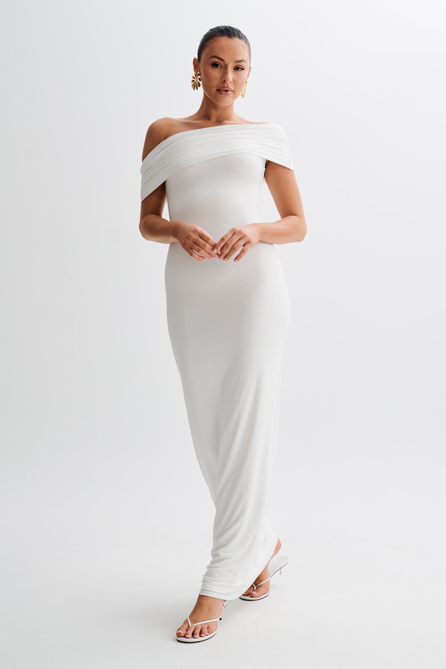 Cassandra Off Shoulder Slinky Maxi Dress - White