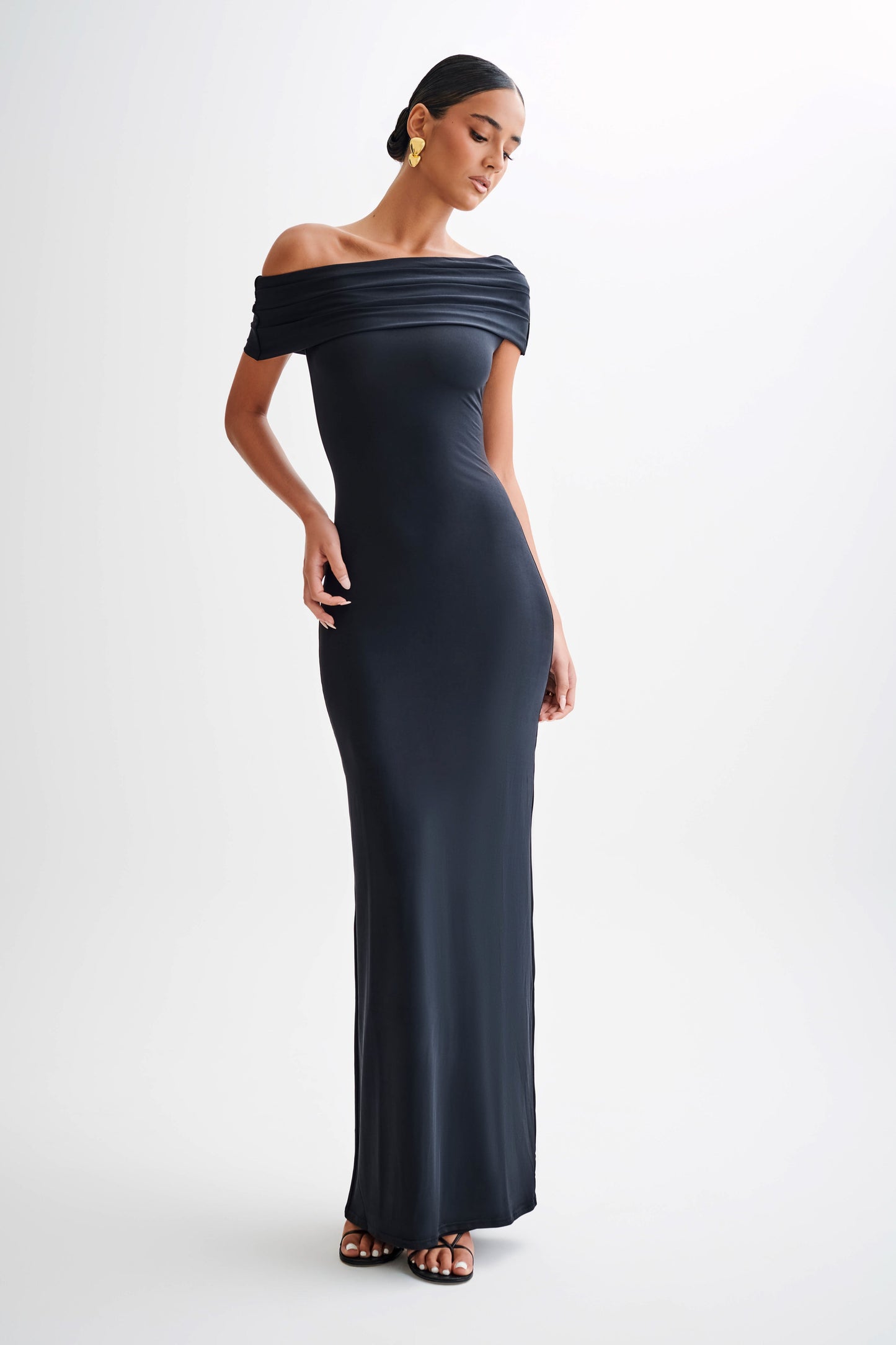 Cassandra Off Shoulder Slinky Maxi Dress - Black