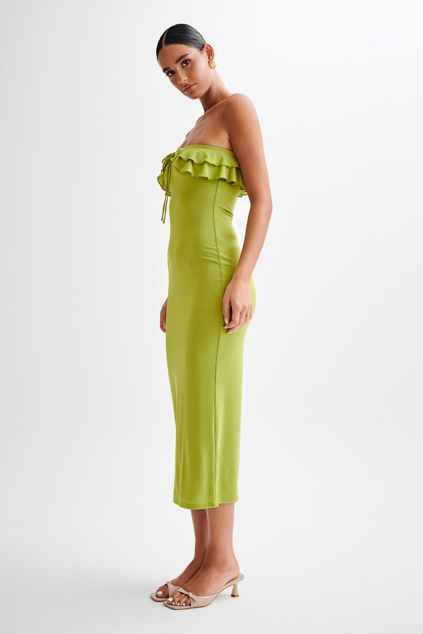 Bea Strapless Slinky Ruffle Midi Dress - Apple