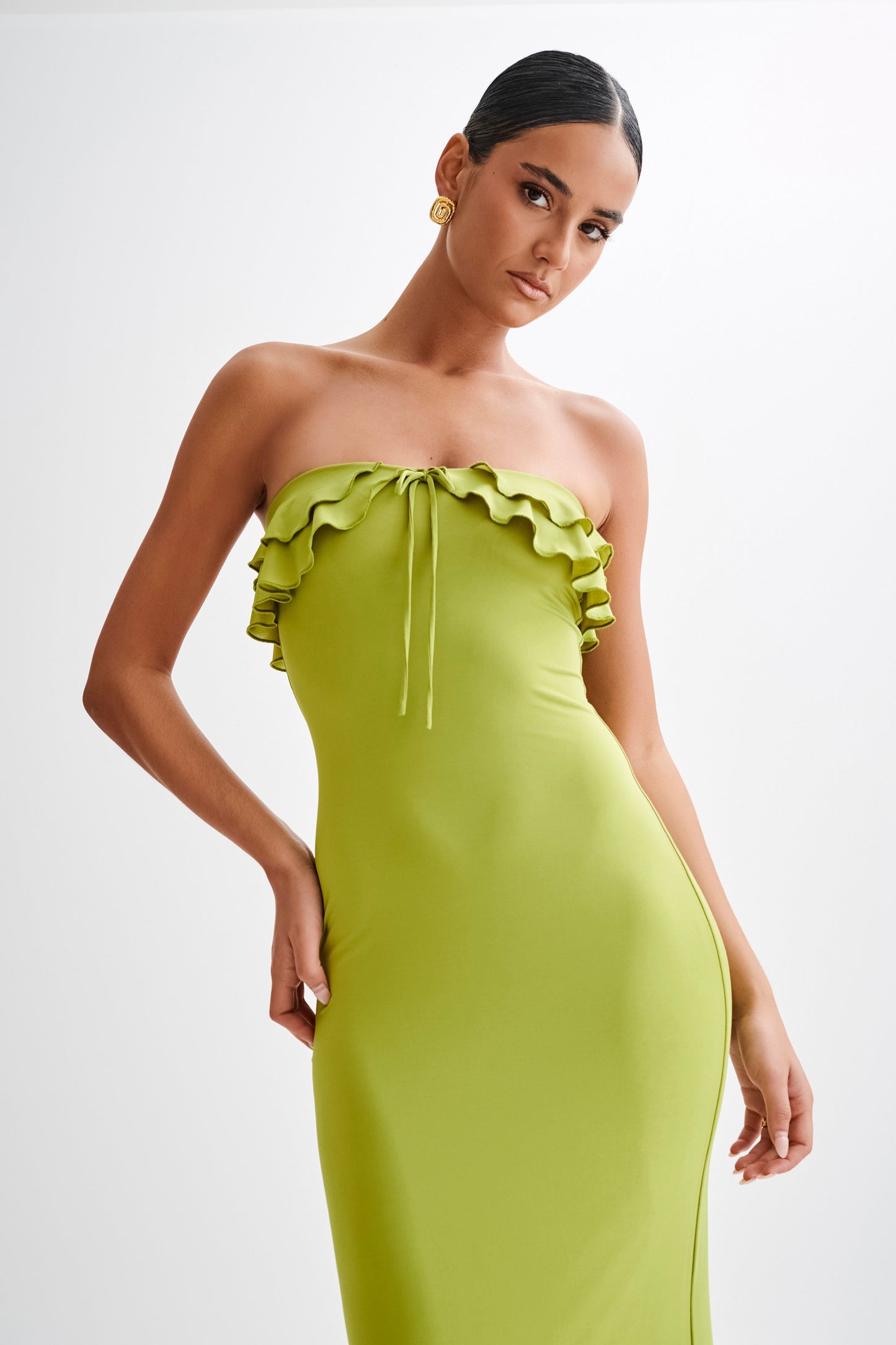 Bea Strapless Slinky Ruffle Midi Dress - Apple