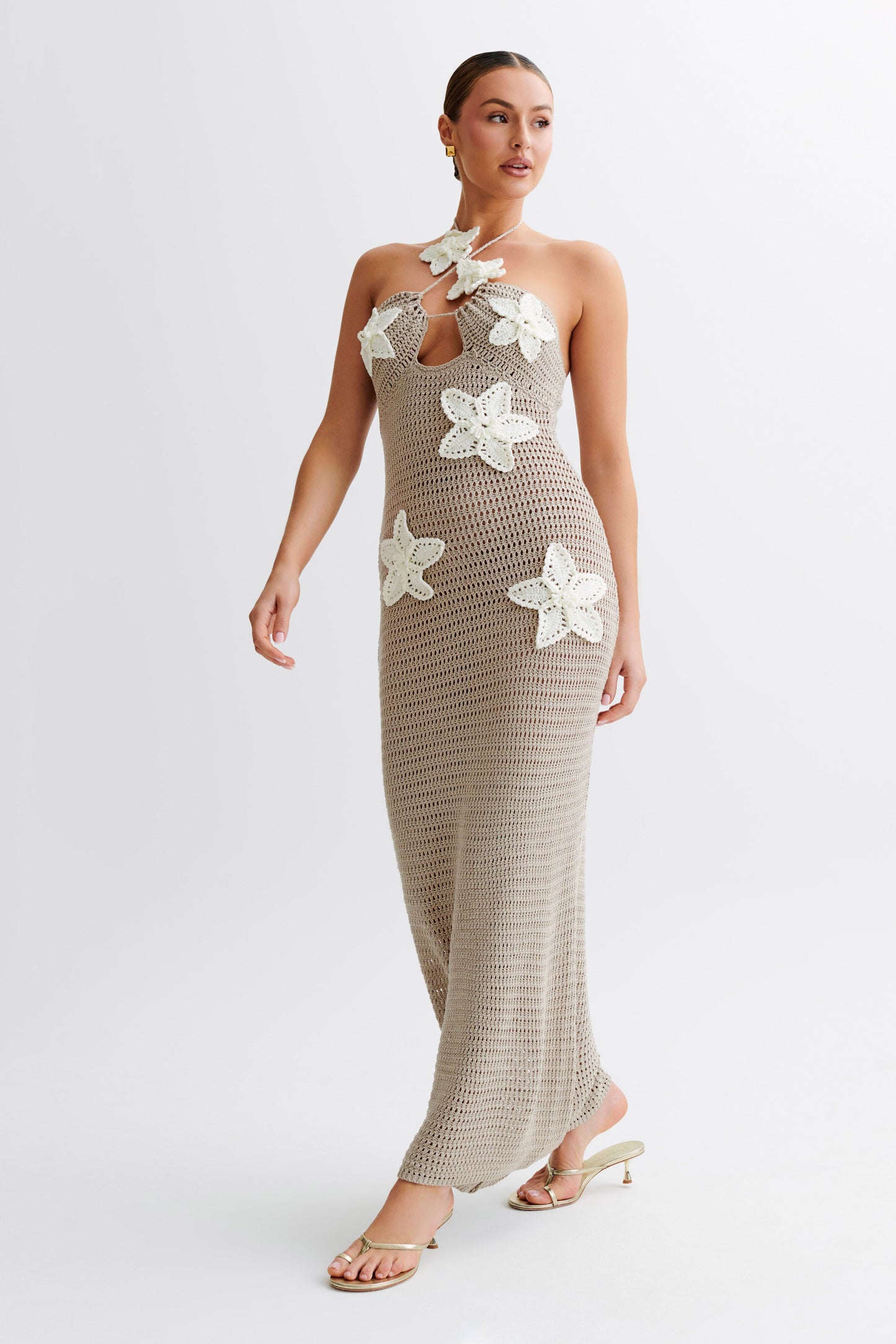 Kyla Floral Crochet Maxi Dress  - Taupe/White