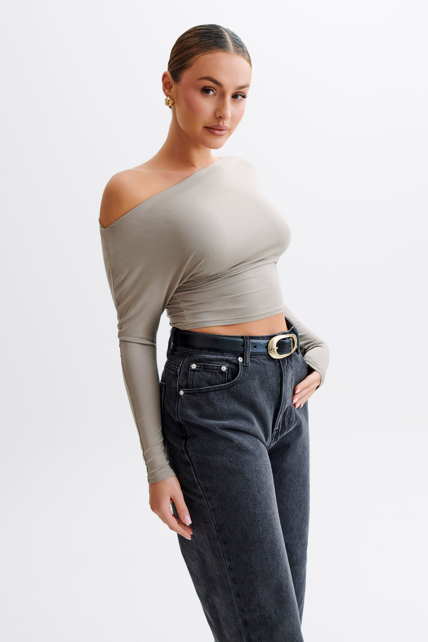 Yasmin Asymmetrical Modal Long Sleeve Top - Tawny Grey