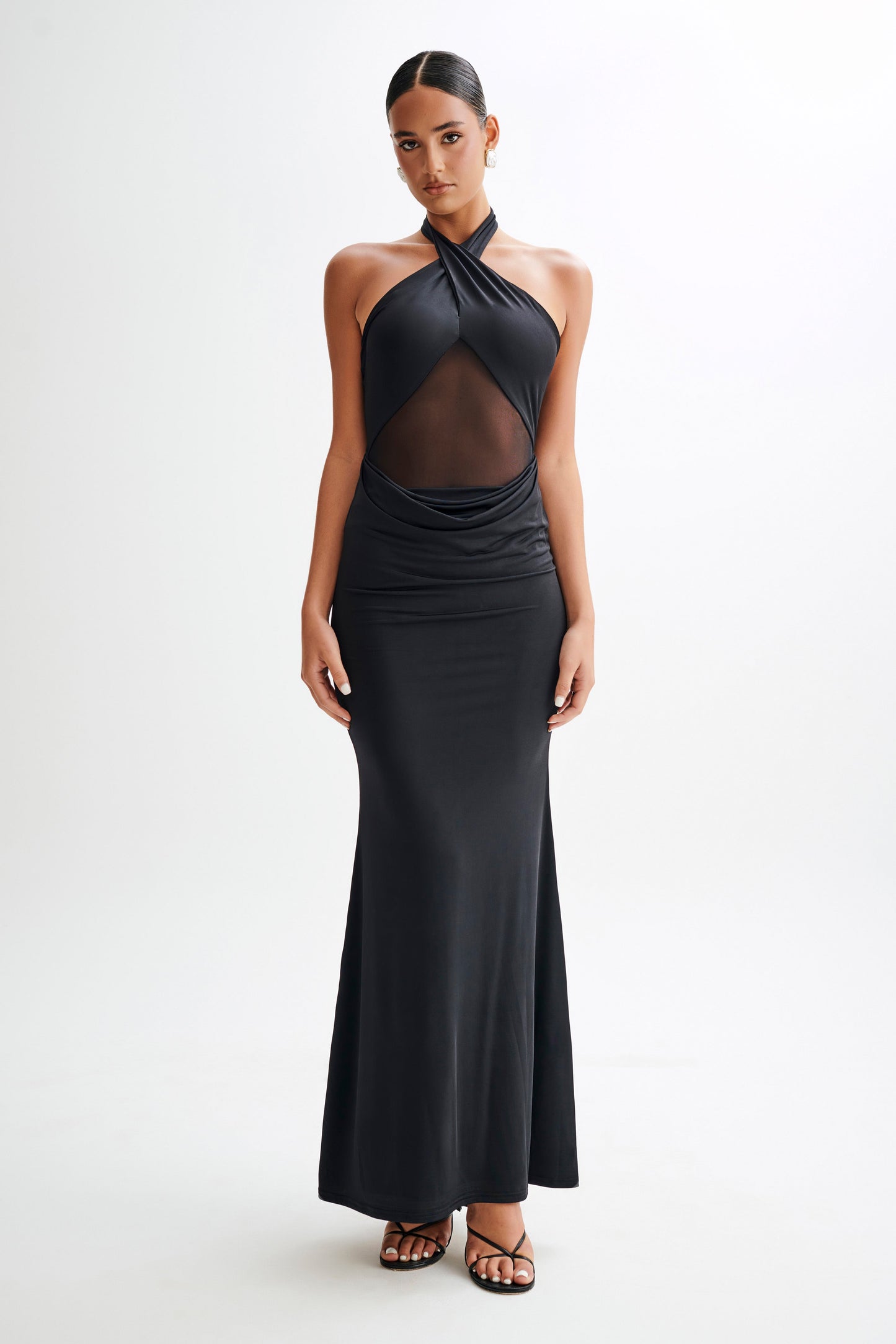 Caterina Slinky Mesh Halter Maxi Dress - Black