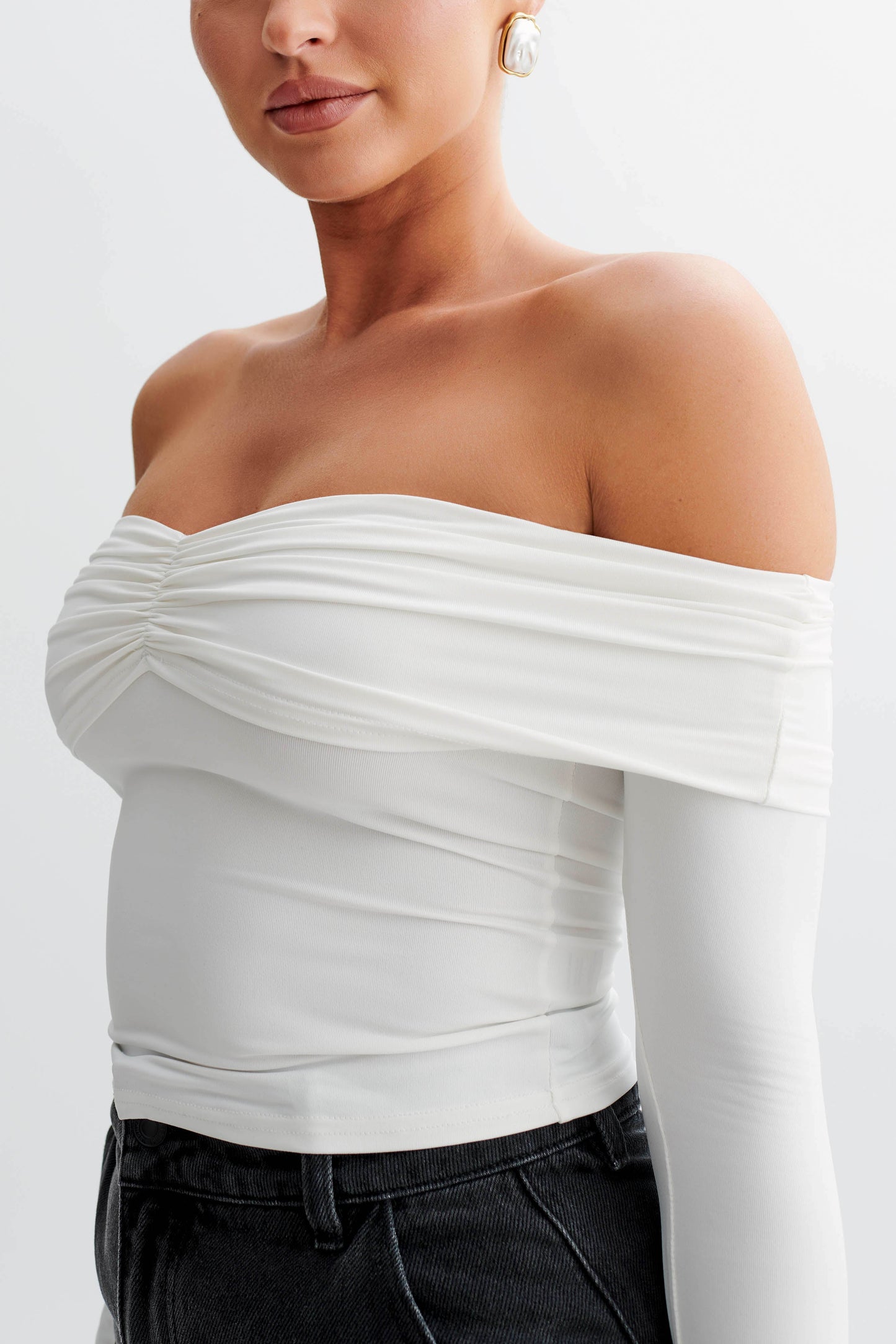 Prue Ruched Off Shoulder Long Sleeve Top - White