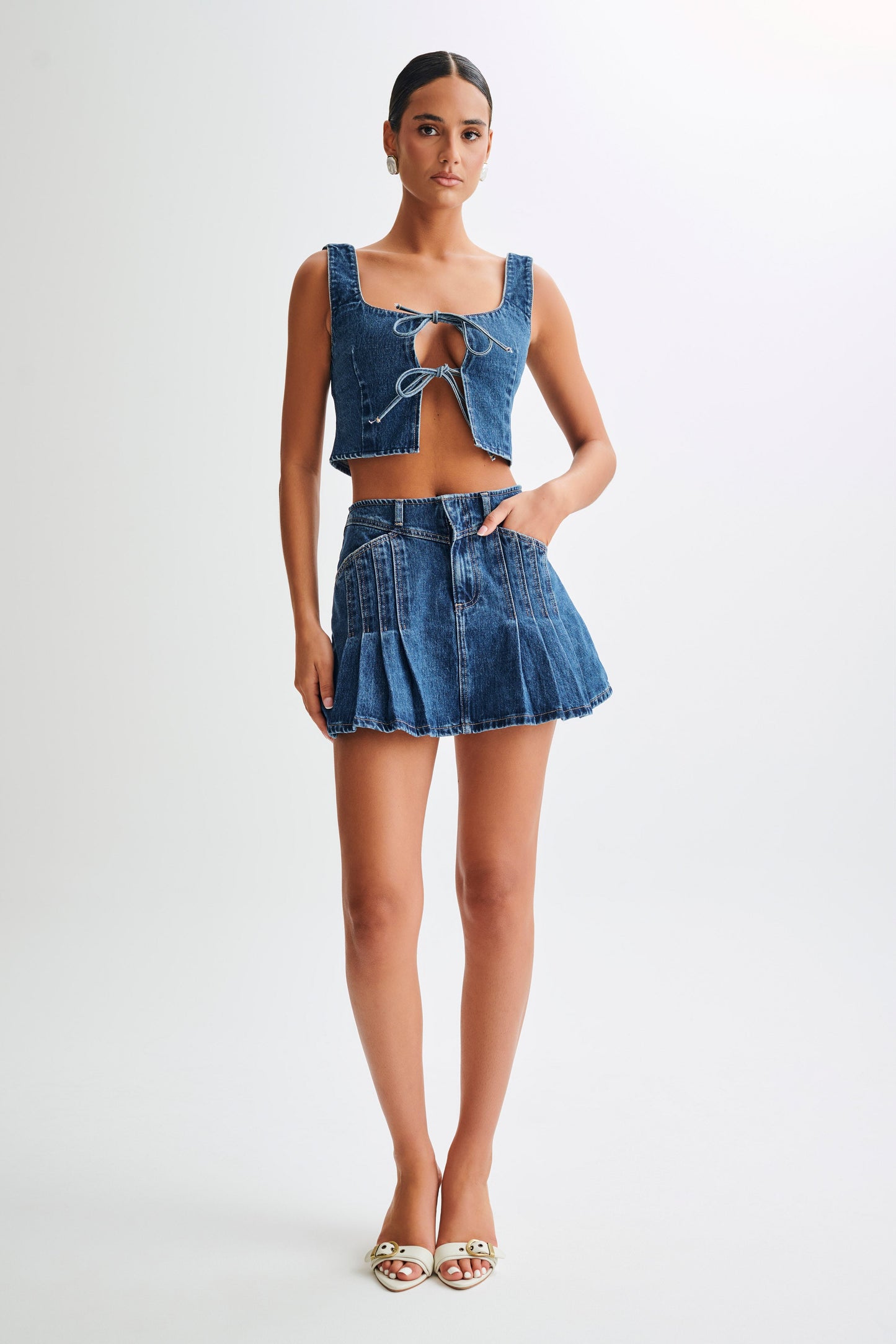 Heather Denim Pleated Mini Skirt - Dark Blue