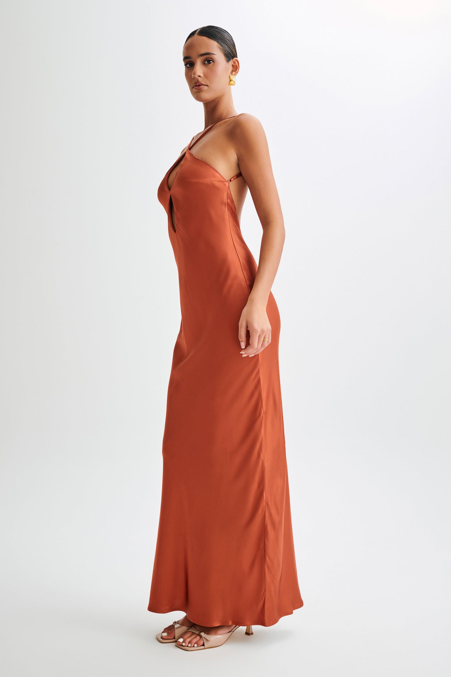 Lucia Satin Cut Out Maxi Dress - Burnt Orange