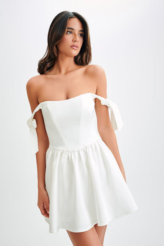 Rita Satin Mini Dress With Bow Sleeves - White